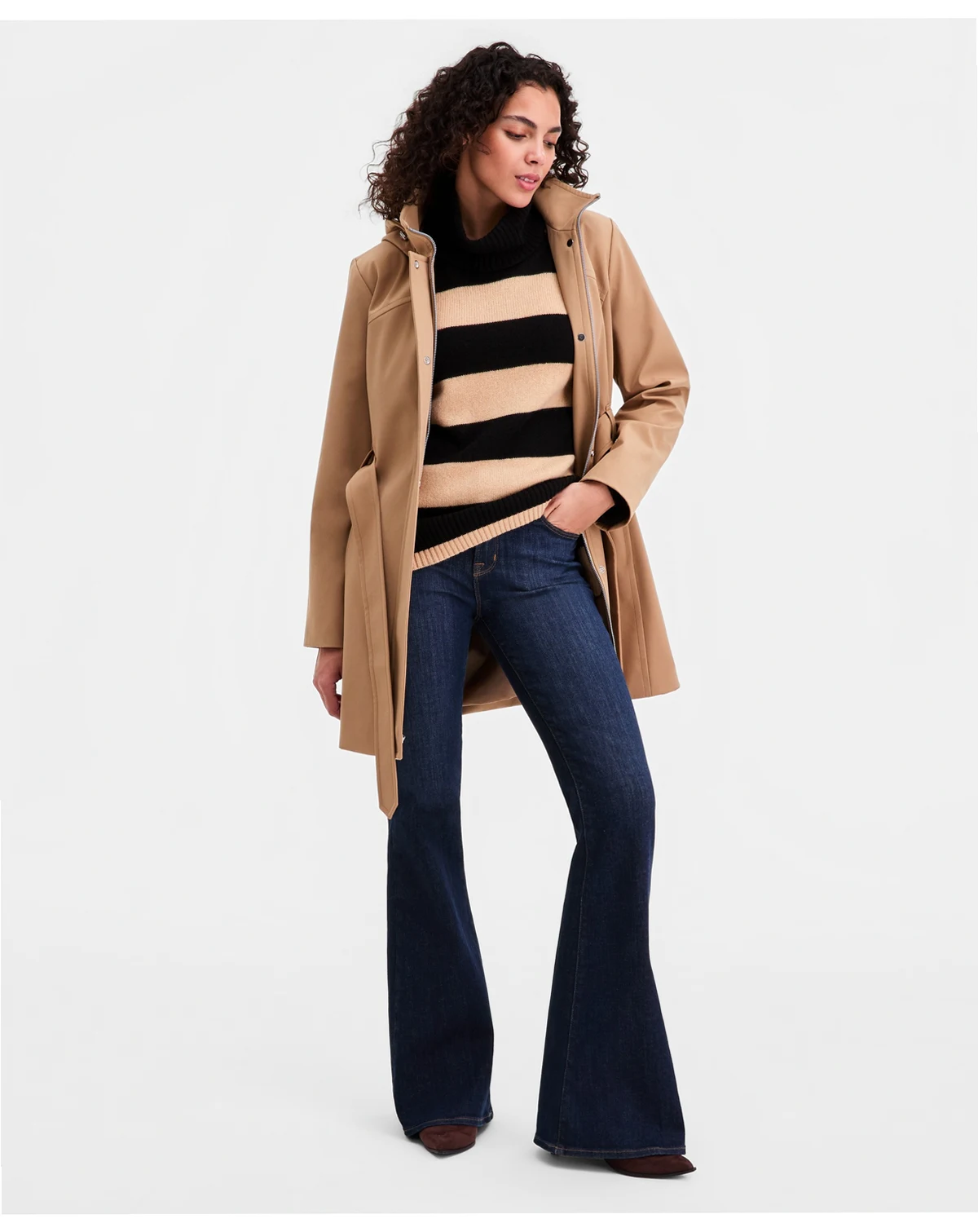 Women's Belted Hooded Zip-Front Raincoat