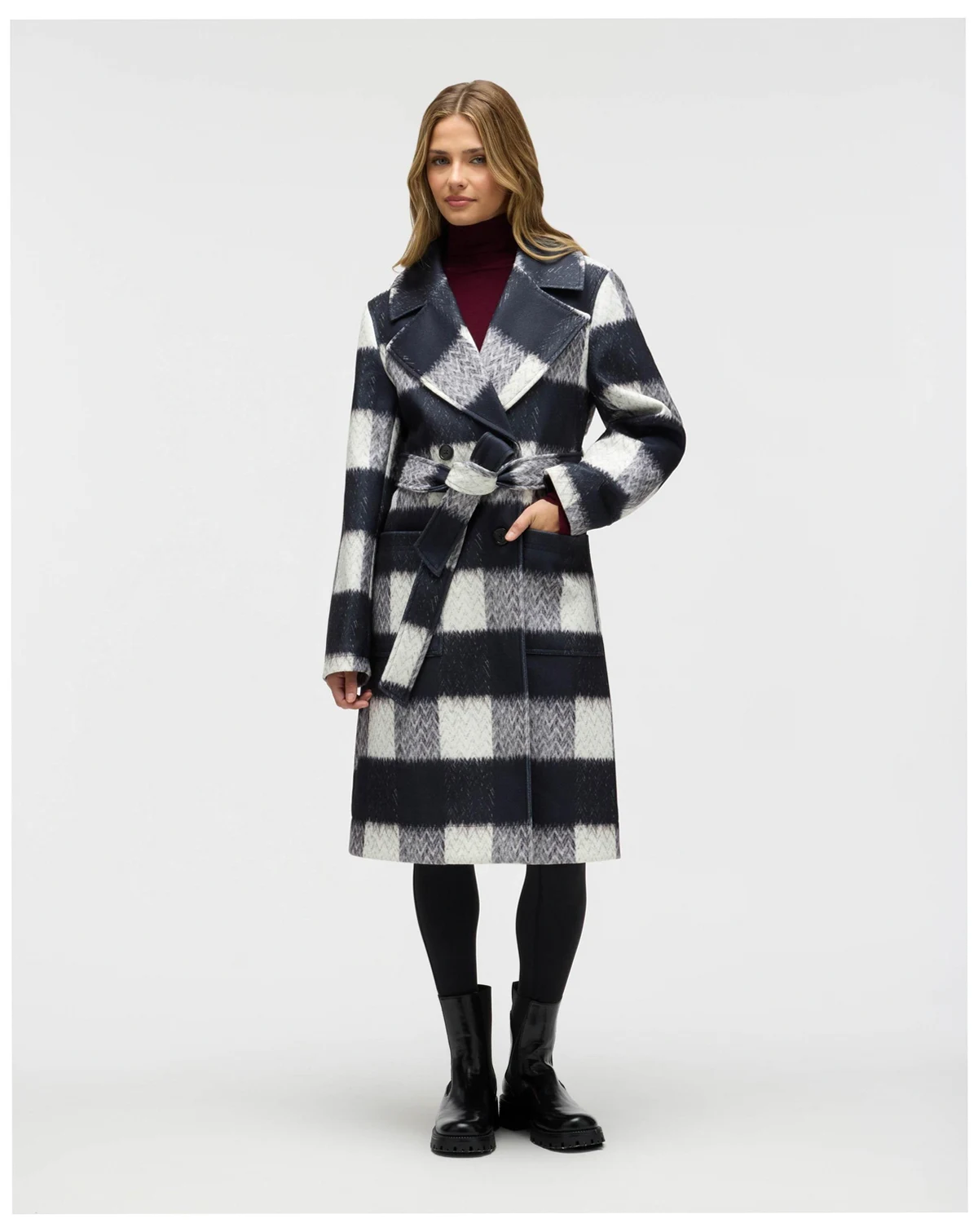 Women's Oversized Faux Wool Buffalo Check Belted Coat