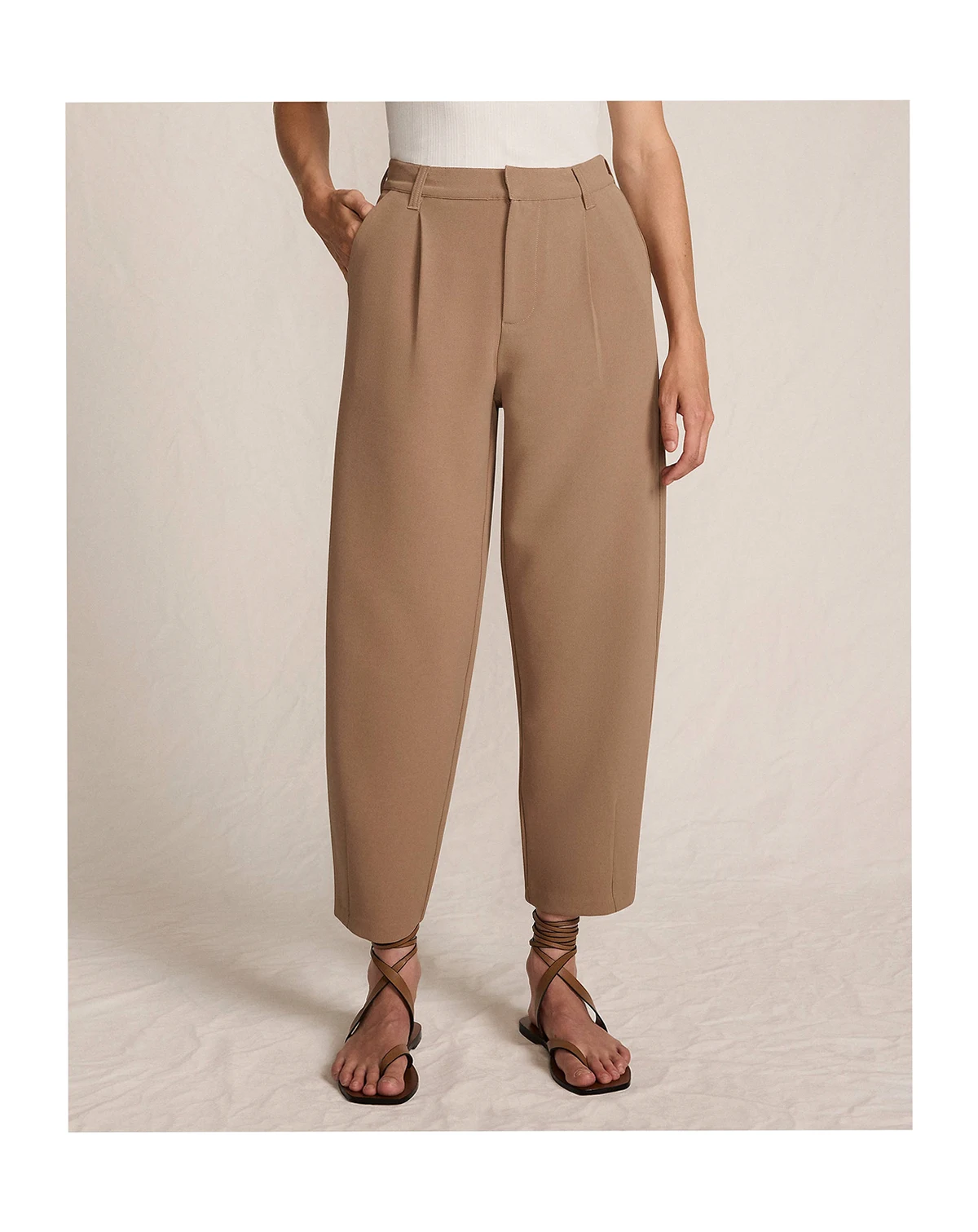 Women's Crepe High Rise Pleated Barrel Leg Ankle Pants
