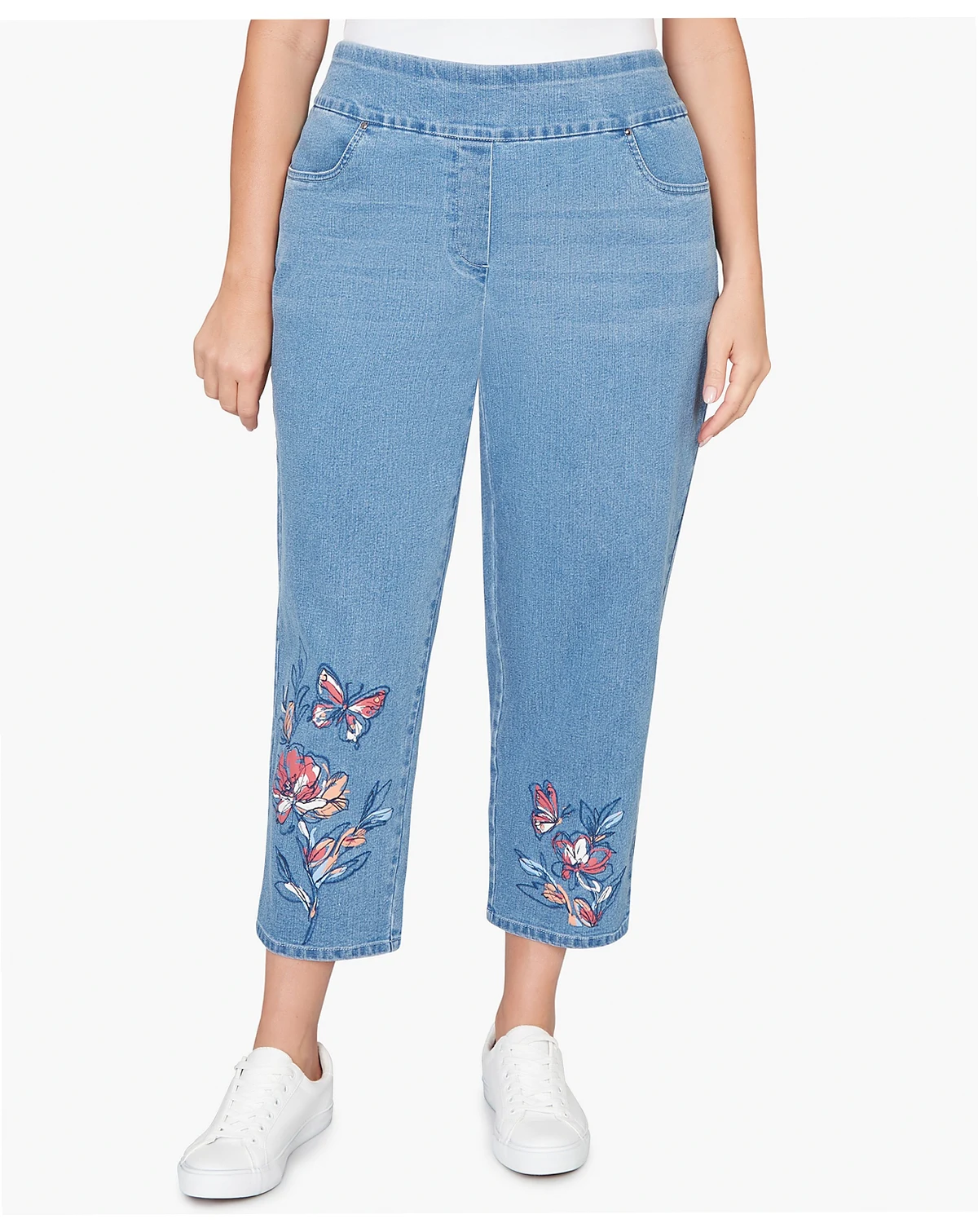 Plus Size Austin Butterfly Floral Printed Super Stretch Denim Ankle Pants