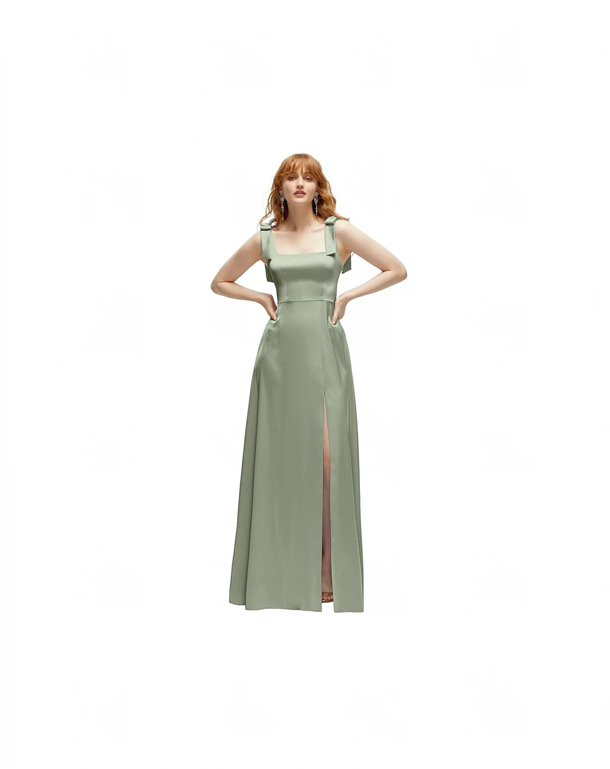 Plus Size Square Neck Fluid Satin Maxi Dress with Bow Straps