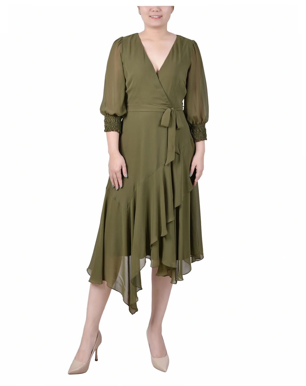Women's 3/4 Sleeve Belted Chiffon Handkerchief Hem Dress