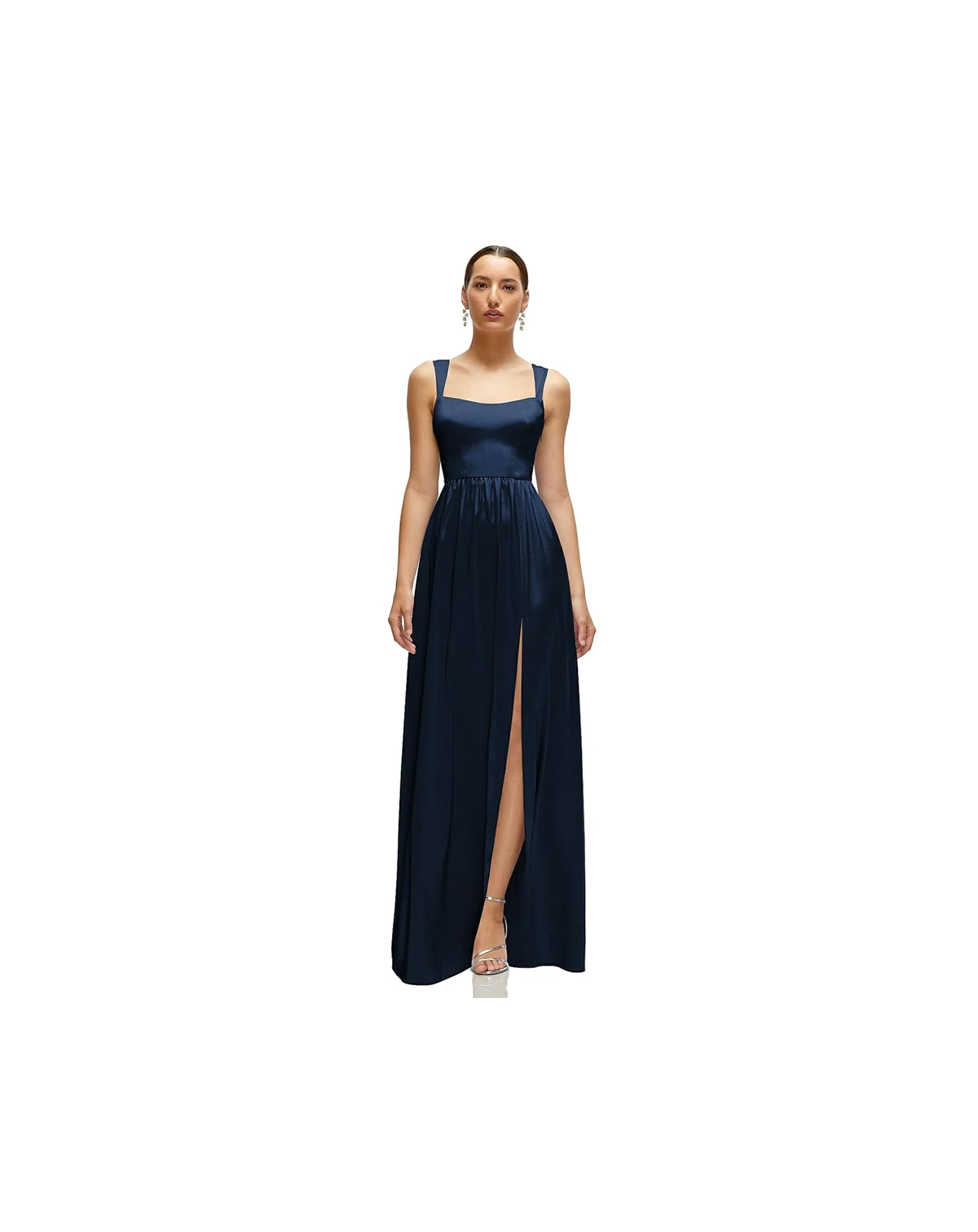 Plus Size Shaped Strap Portrait Neckline Fluid Satin Maxi Dress with Full Skirt
