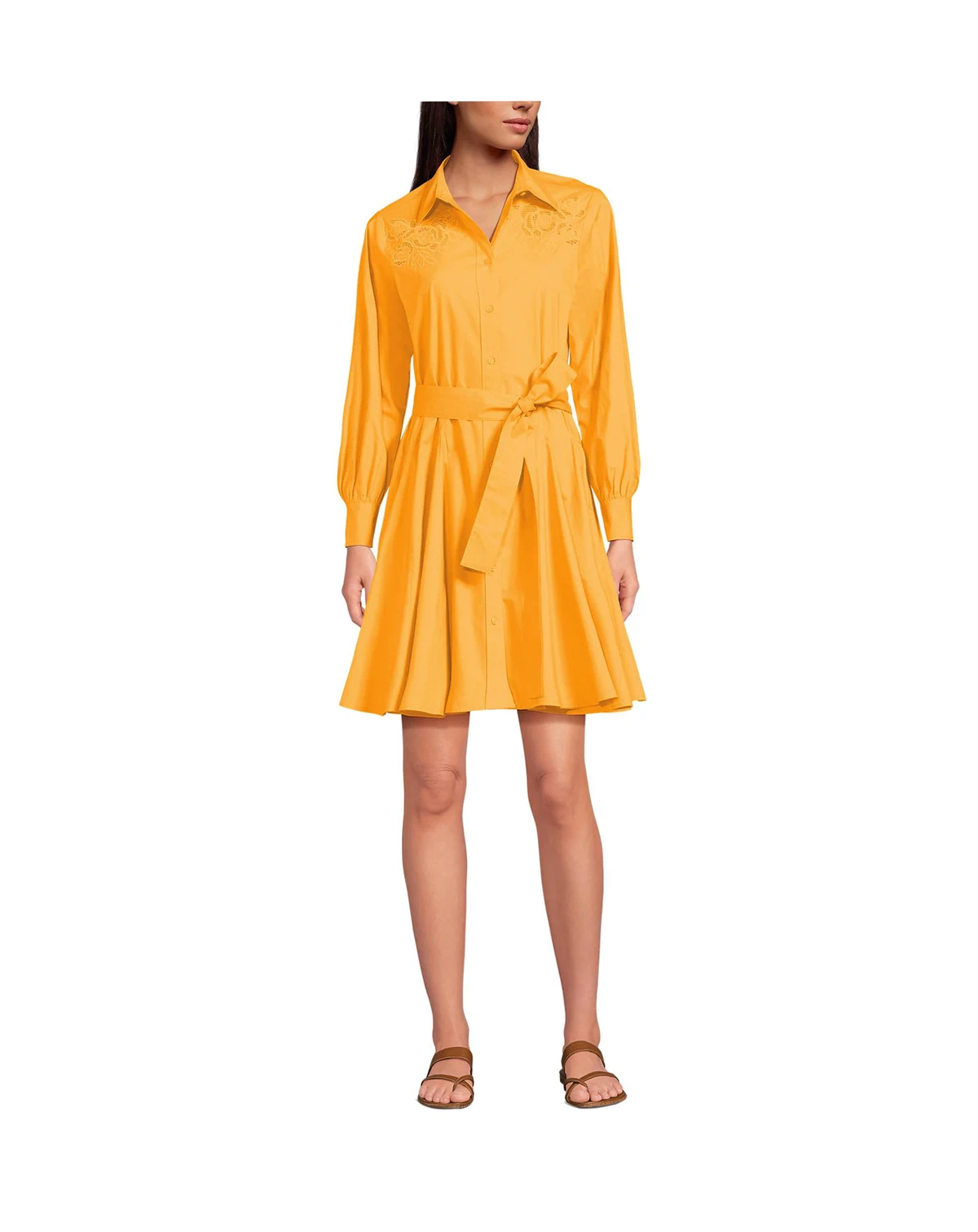 Women's Embroidered Poplin Button Front Dress with Godets
