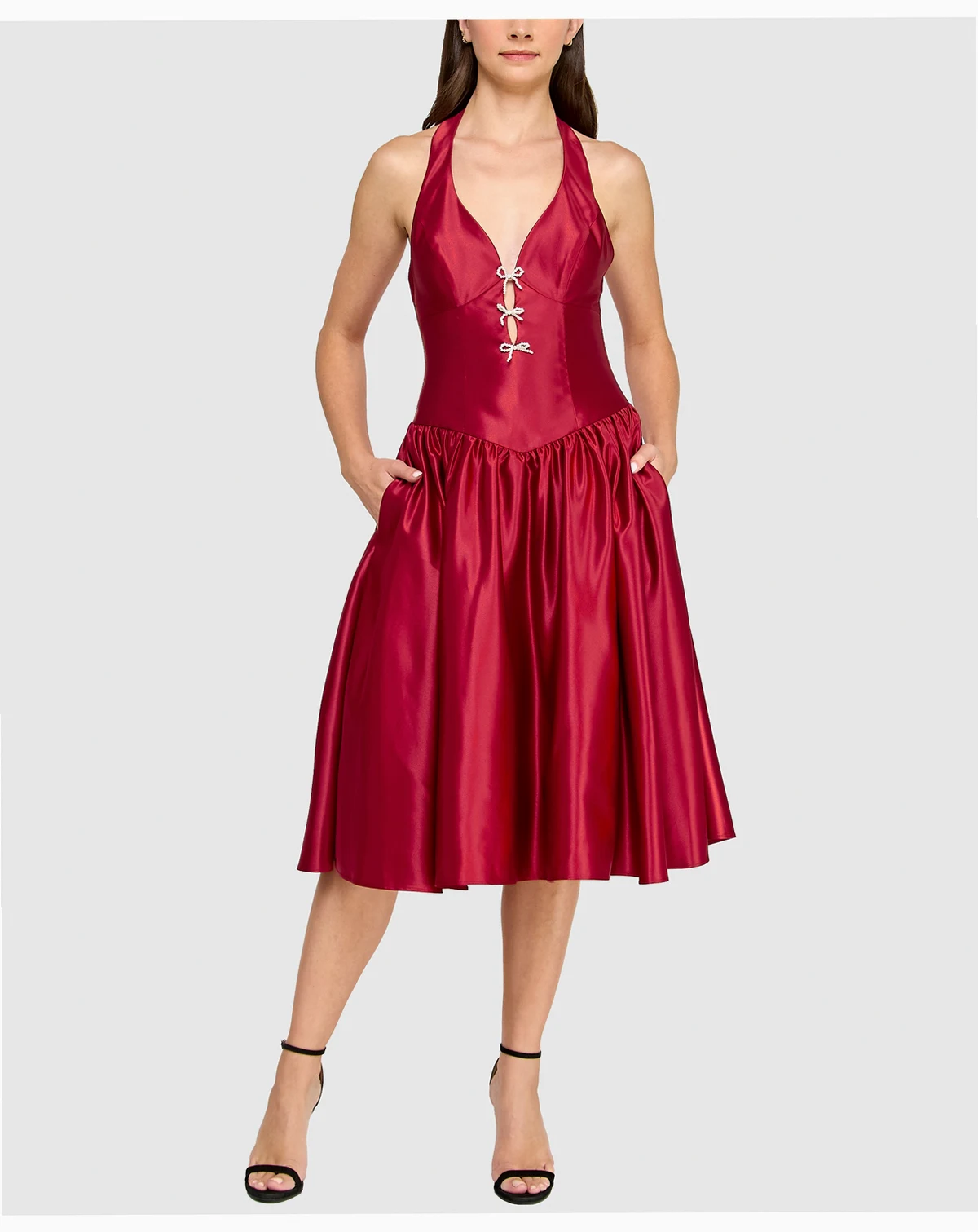 Juniors Halter Neck Satin Midi Dress with Pearl Bow Detail and Shirred Skirt with Pockets