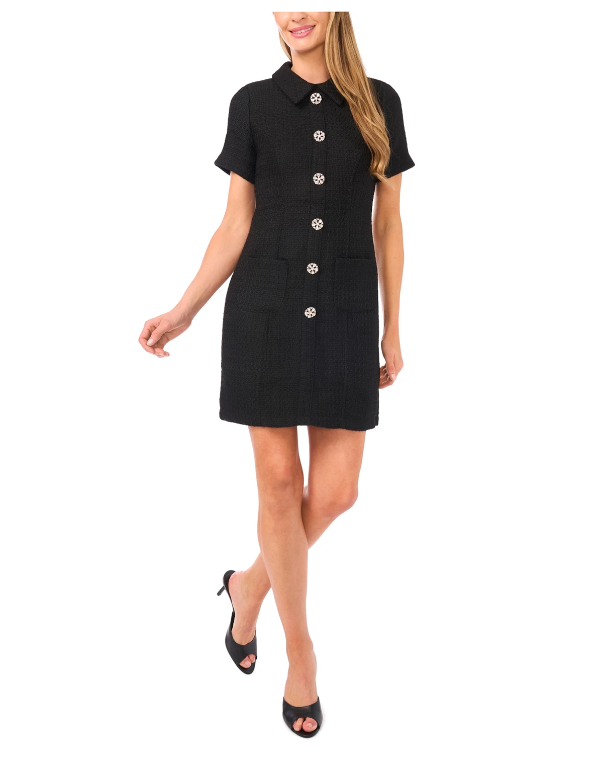 Women's Rhinestone Button Boucle Short-Sleeve Shift Dress