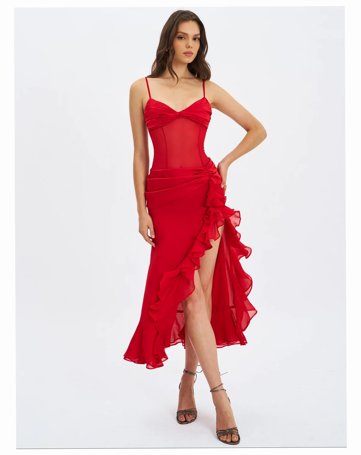 Women's Dahlina Red Ruched Waist High Slit Maxi Dress