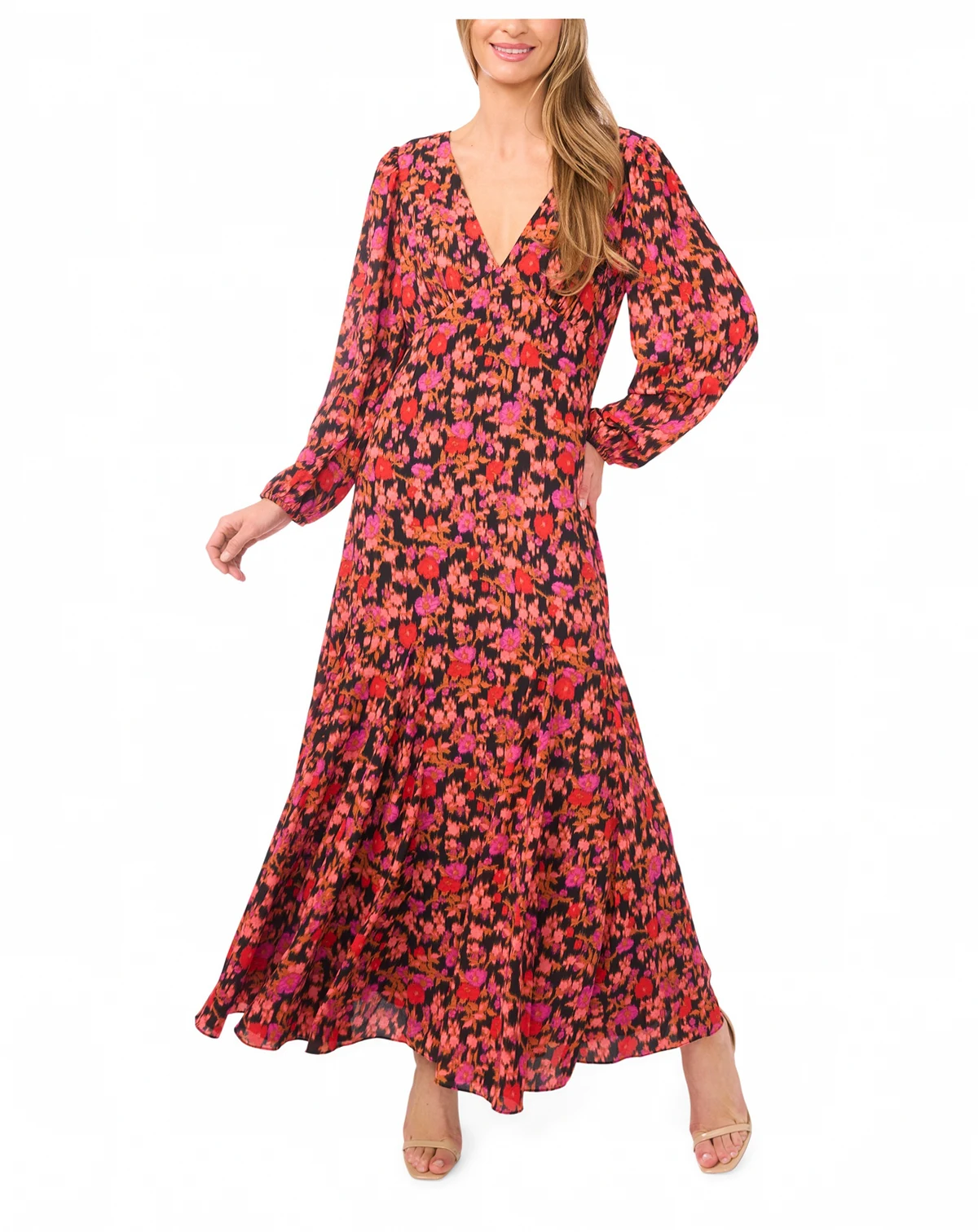 Women's V-Neck Balloon Sleeve Maxi Dress
