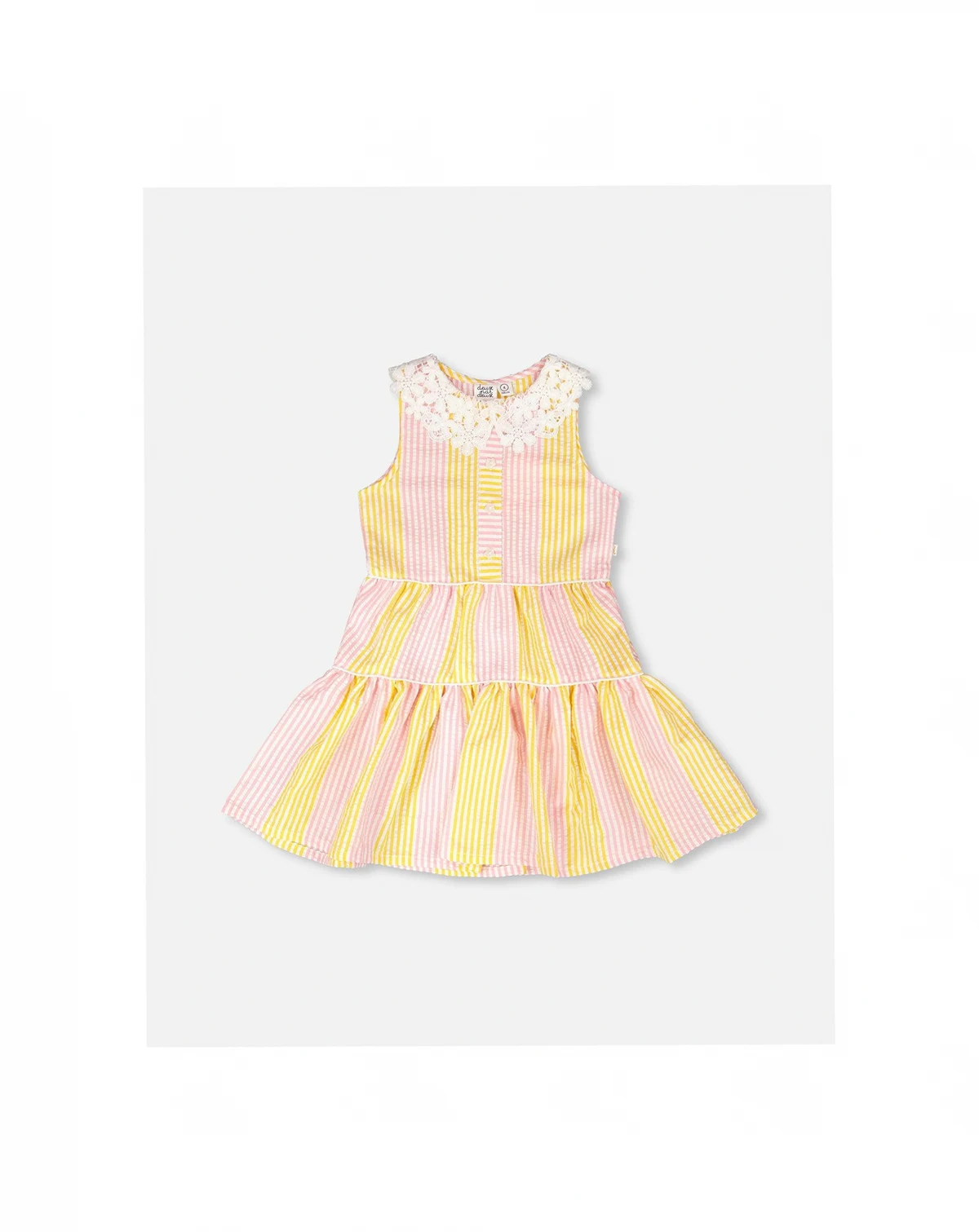 Toddler Girls Sleeveless Dress with Crochet Peter Pan Collar Pink and Yellow Stripes
