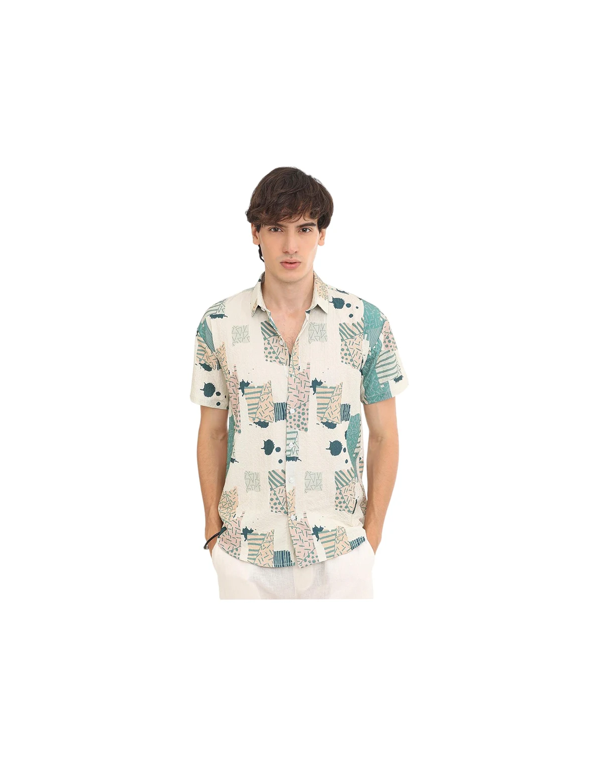 Men's Forest Green & Bone Beige Abstract Seersucker Shirt