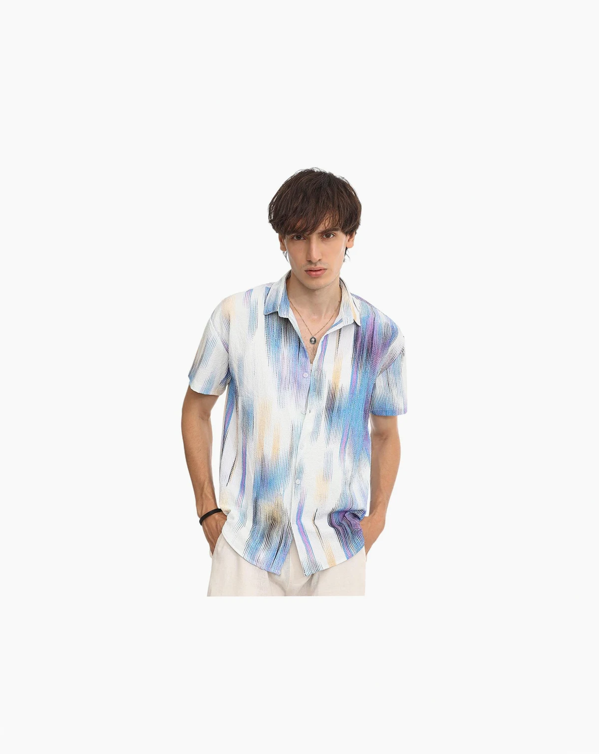 Men's Sky Blue & Ivory White Strokes-Textured Shirt