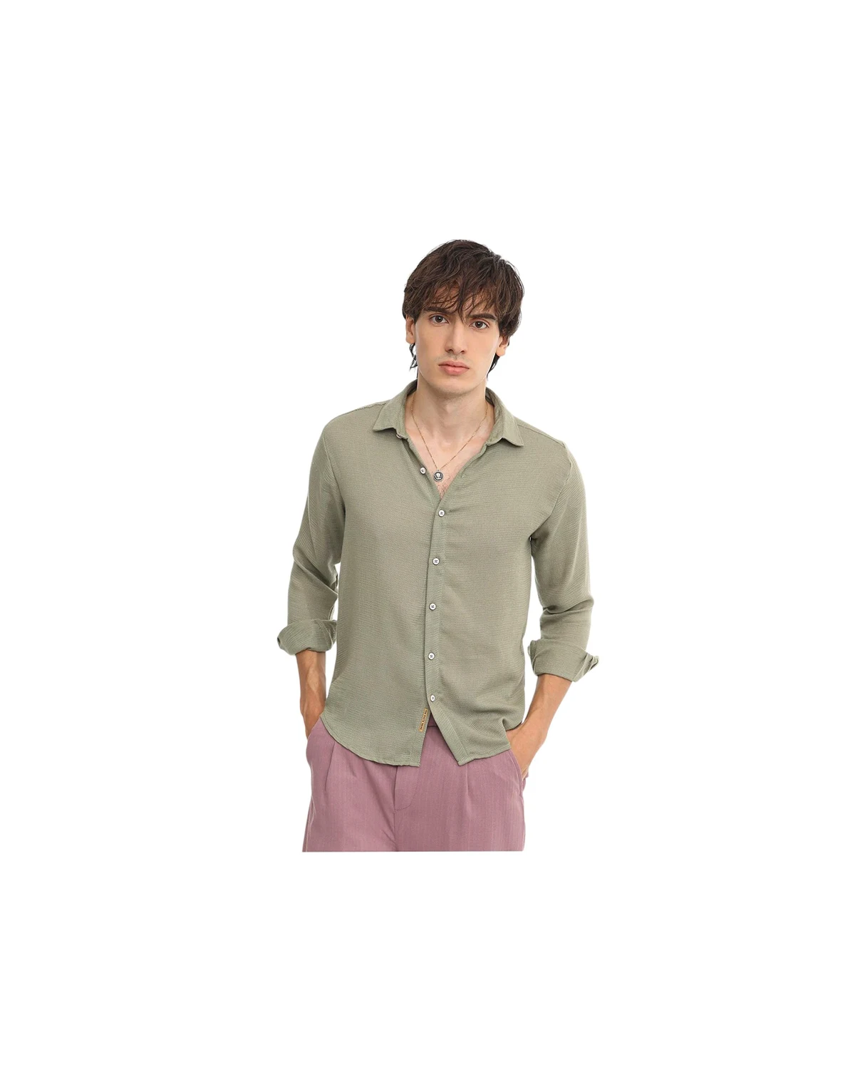 Men's Sage Green Woven-Textured Shirt