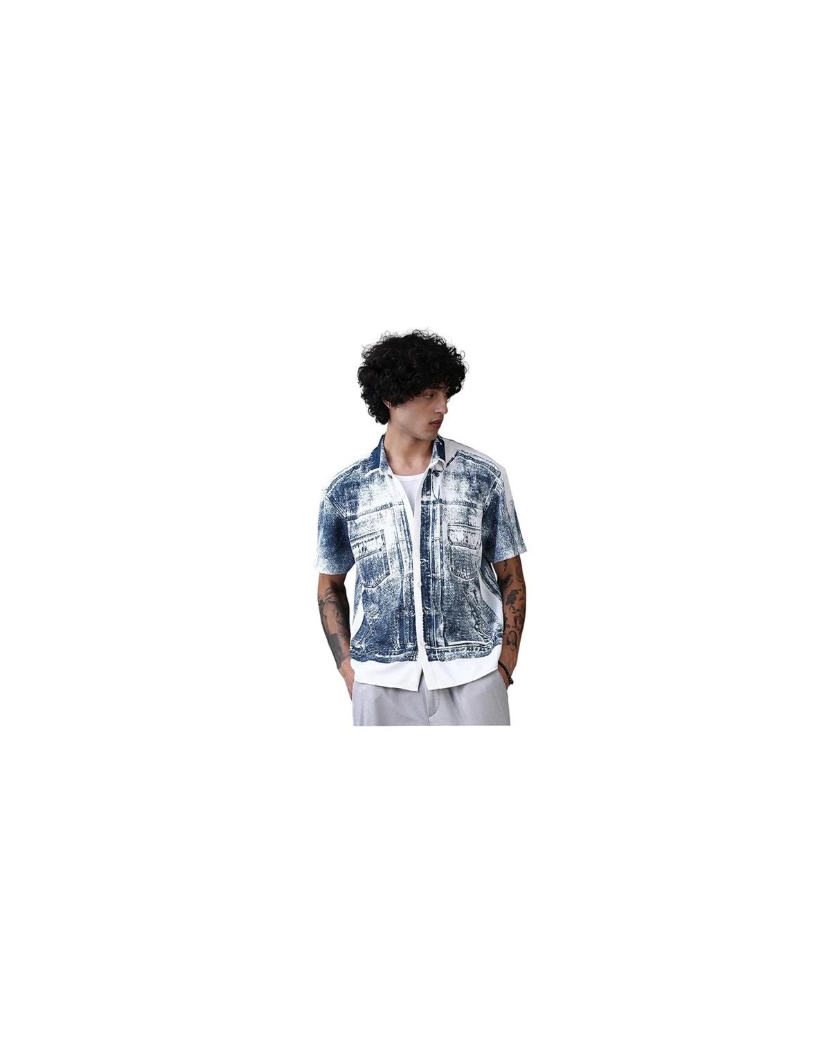 Men's Navy Blue Denim-Imprint Relaxed Shirt