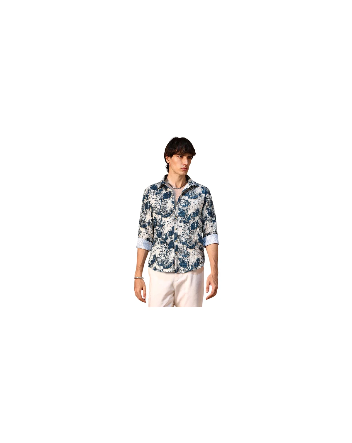 Men's Ivory White & Indigo Blue Foliage-Waffle Shirt