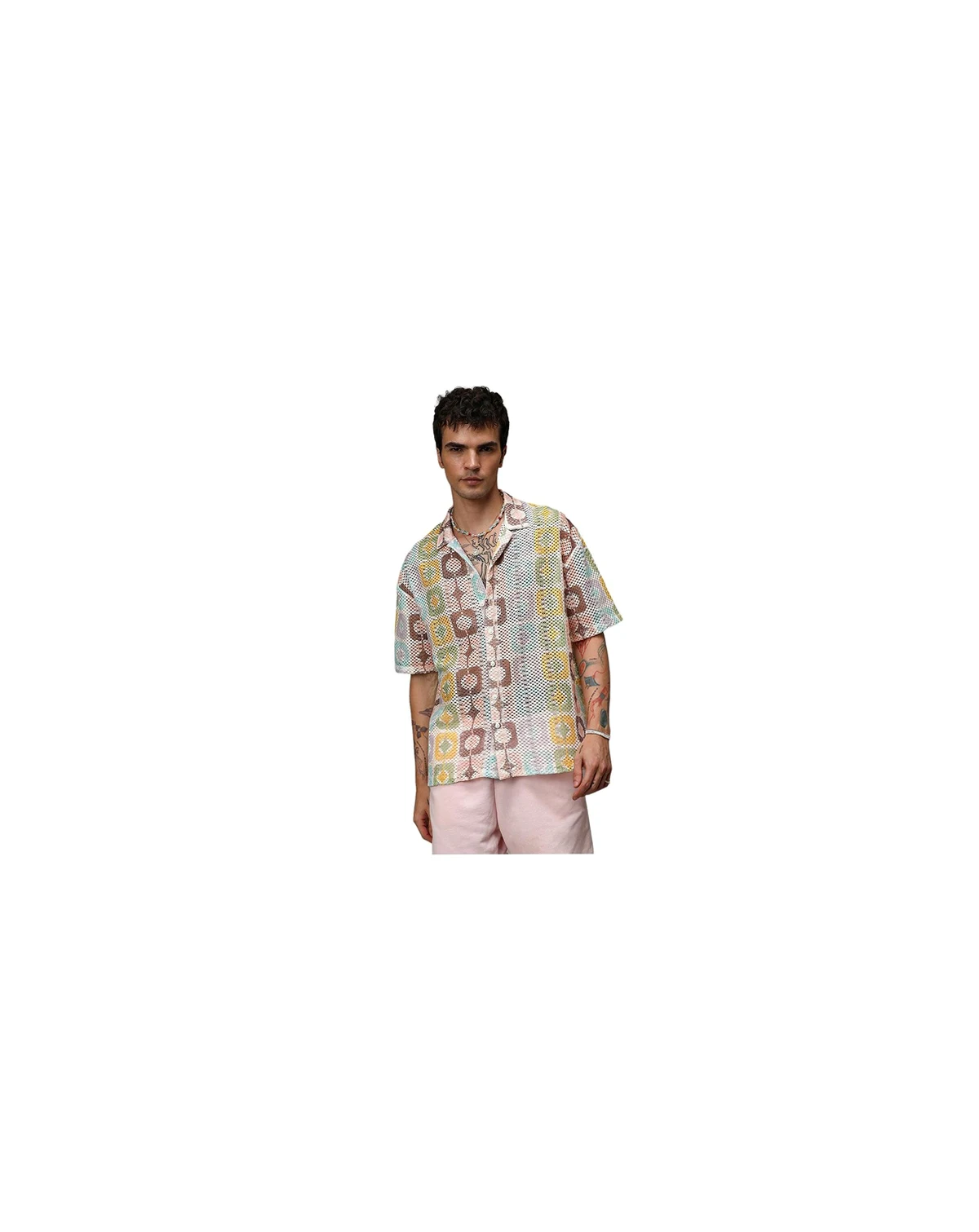 Men's Lemon Yellow & Chocolate Brown Geometric Block Oversized Shirt
