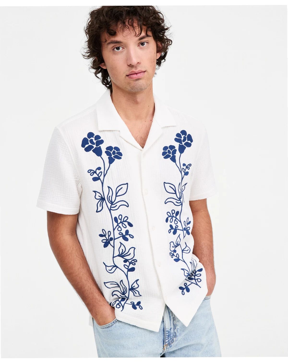 Men's Floral Embroidered Cotton Camp Shirt, Macy's Exclusive