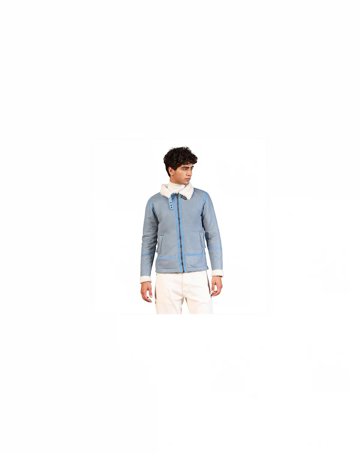 Men's Powder Blue Contrast Sherpa-Lined Suede Rider Jacket
