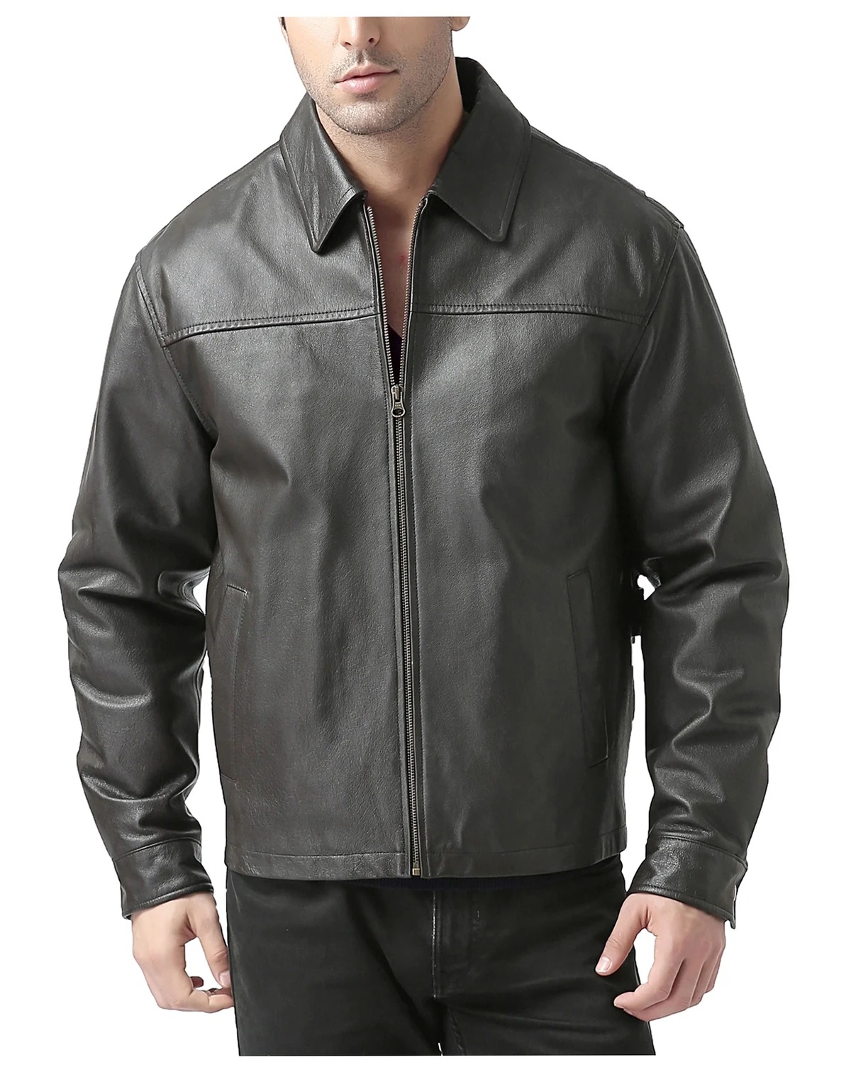 Men Greg Open Bottom Zip Front Leather Jacket - Tall