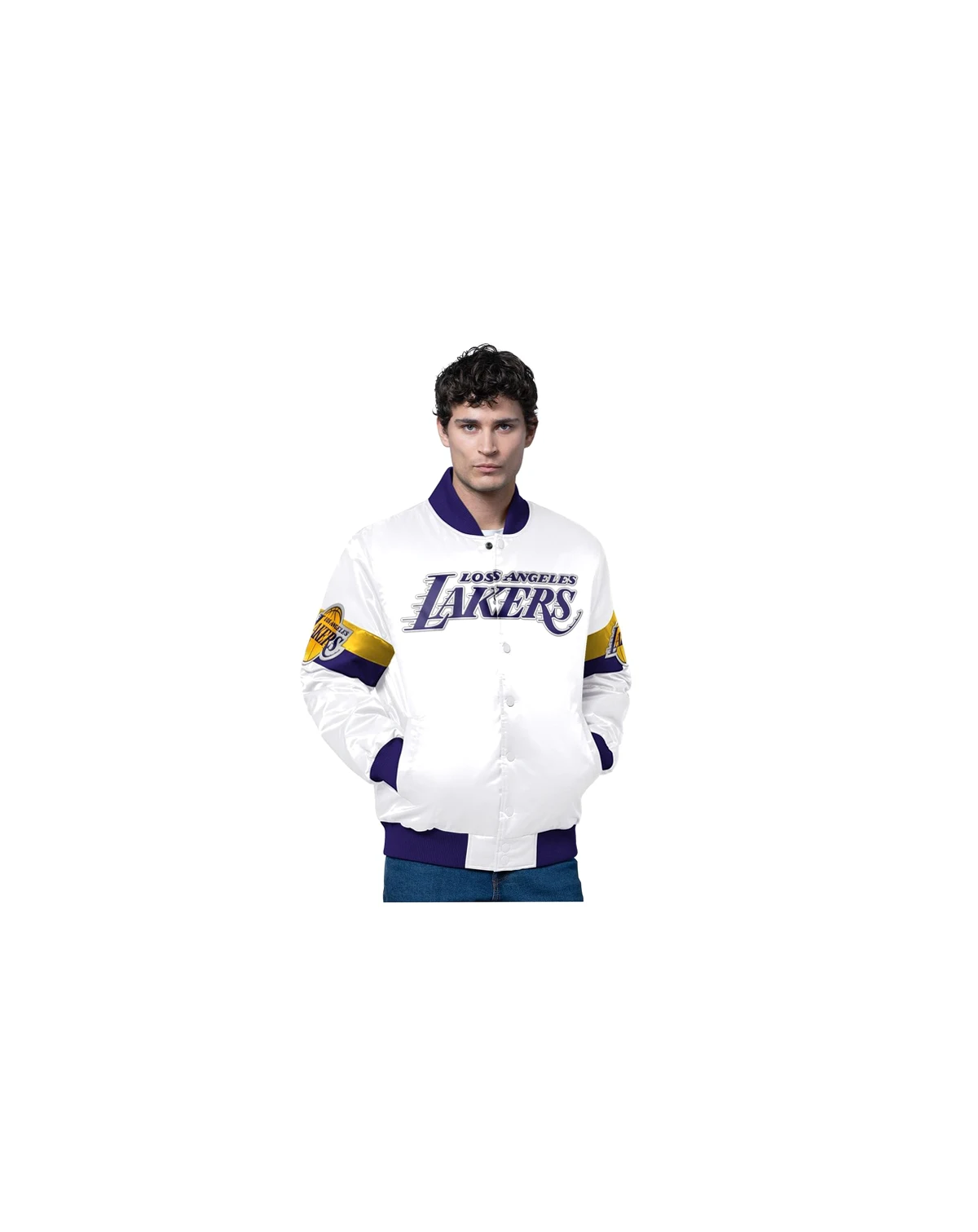 Men's White Los Angeles Lakers Triple Option Varsity Full-Snap Satin Jacket