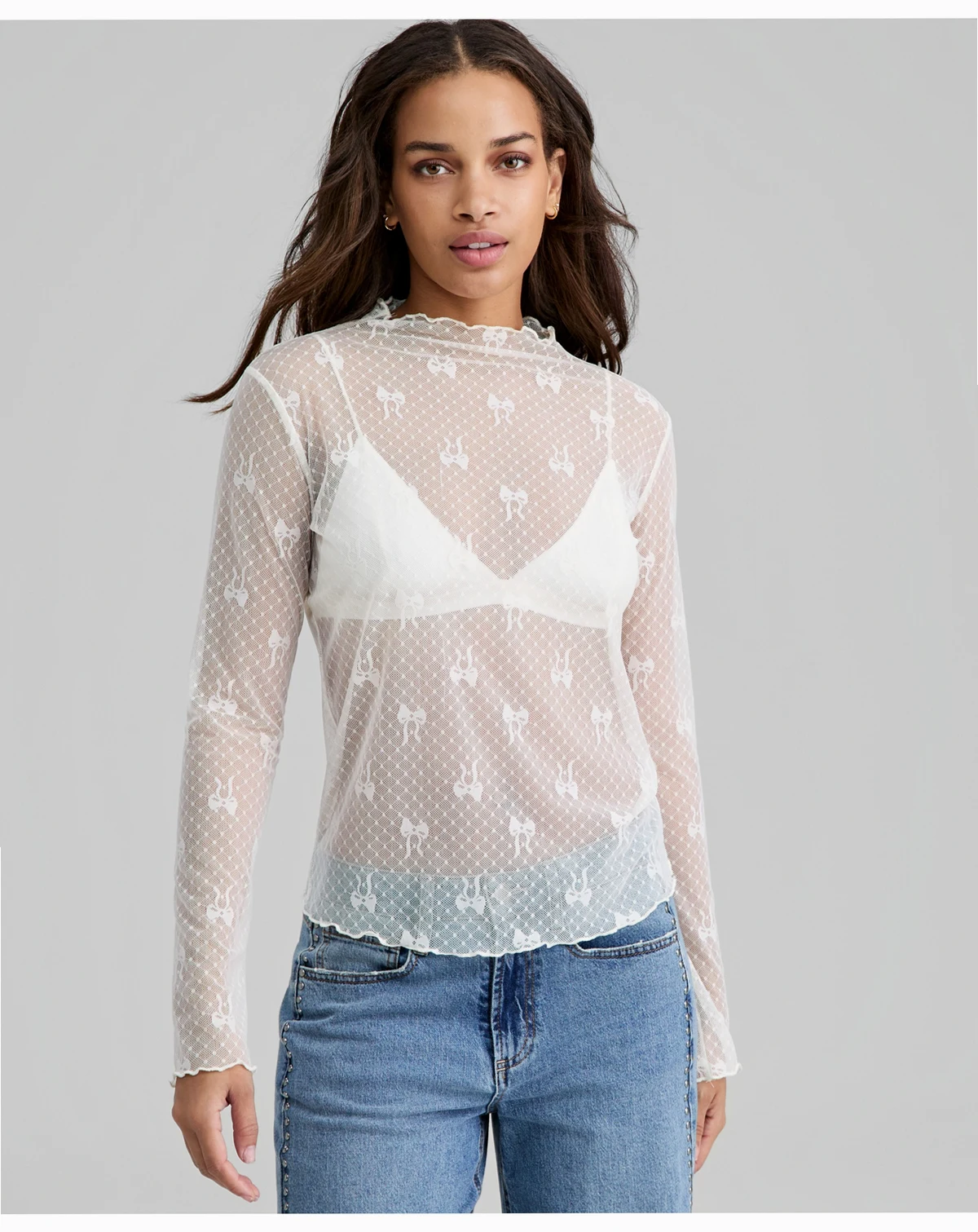 Women's Bow-Motif Lace Mock Neck Top, Macy's Exclusive