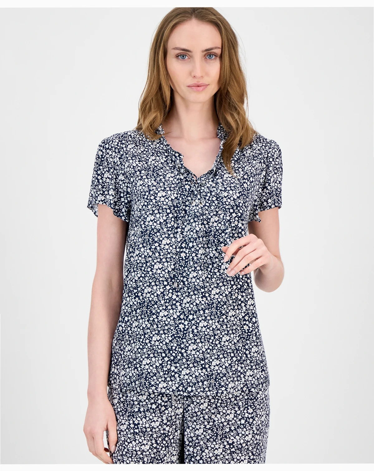 Women's Floral Lace-Up Short-Sleeve Blouse