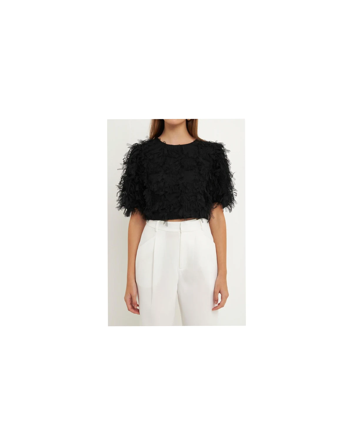 Women's Gridded Mesh Feathered Cropped Top