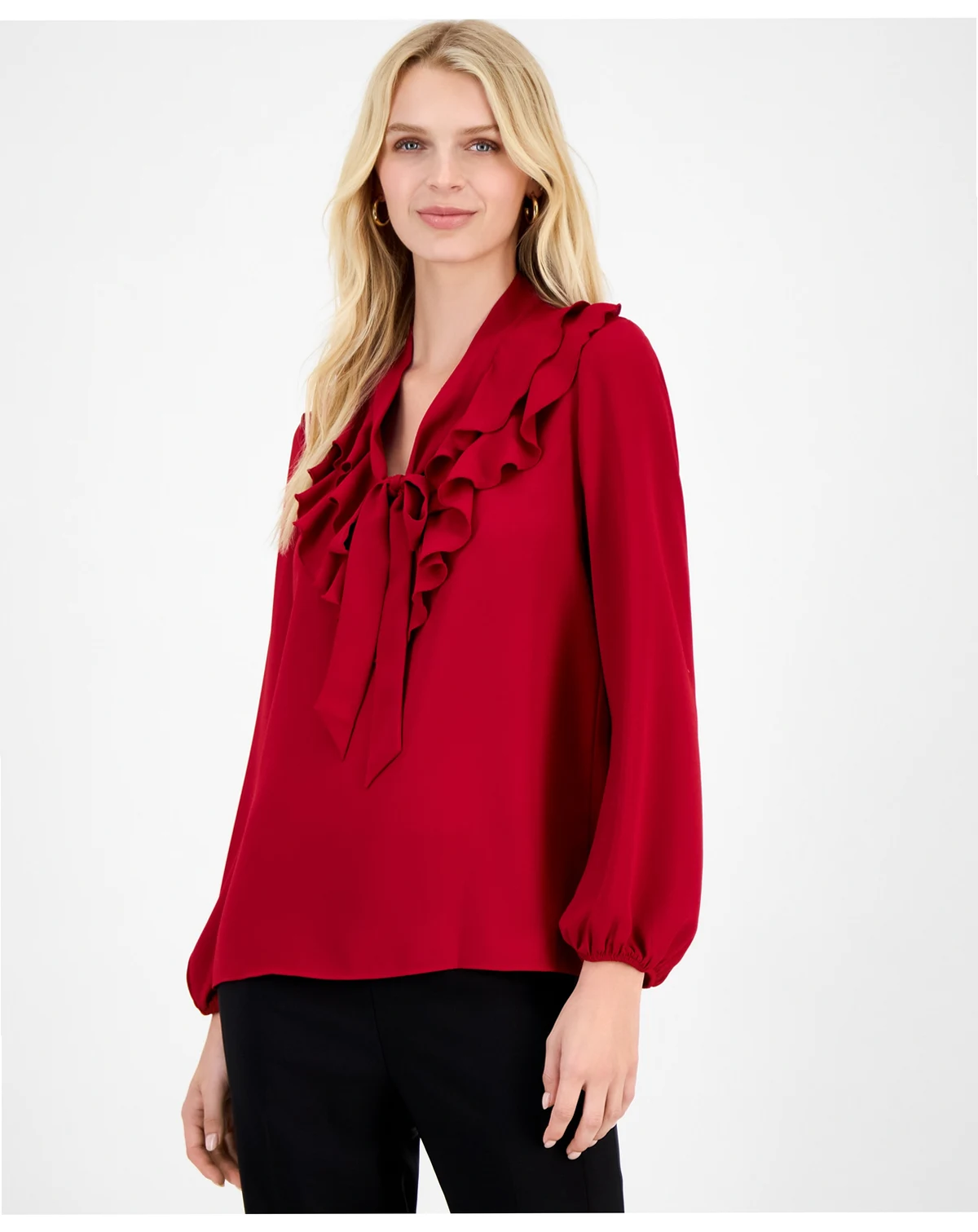 Women's Ruffled Tie-Front Long-Sleeve Top, Regular & Petite