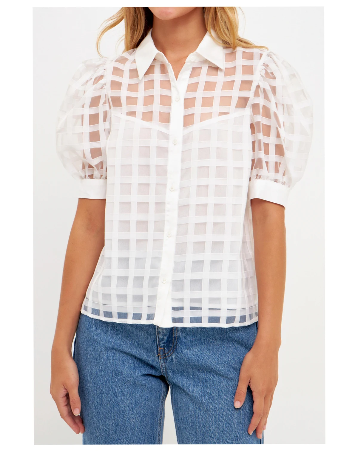Women's Short Sleeve Organza Grid Blouse