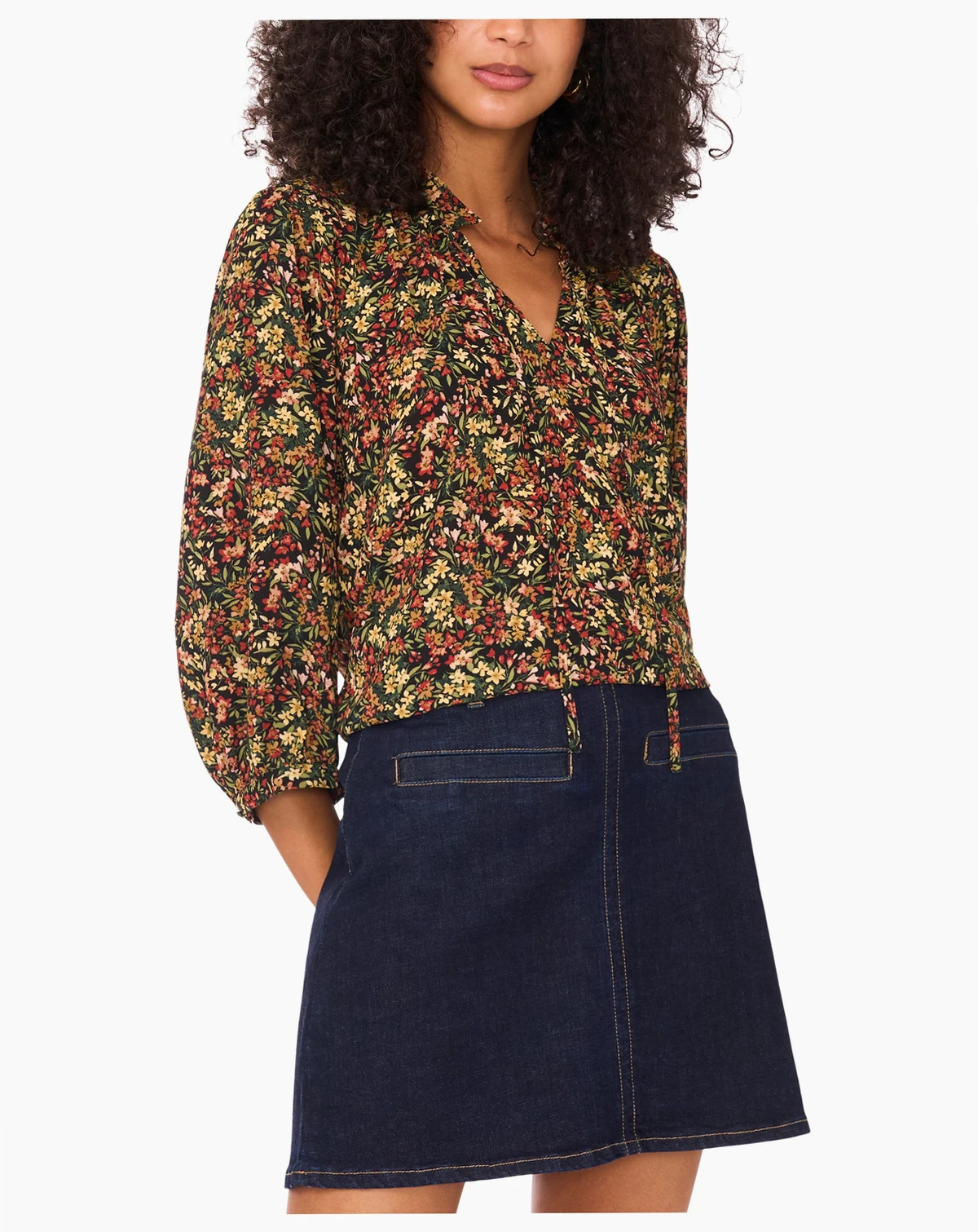 Women's Floral Split-Neck 3/4-Sleeve Blouse