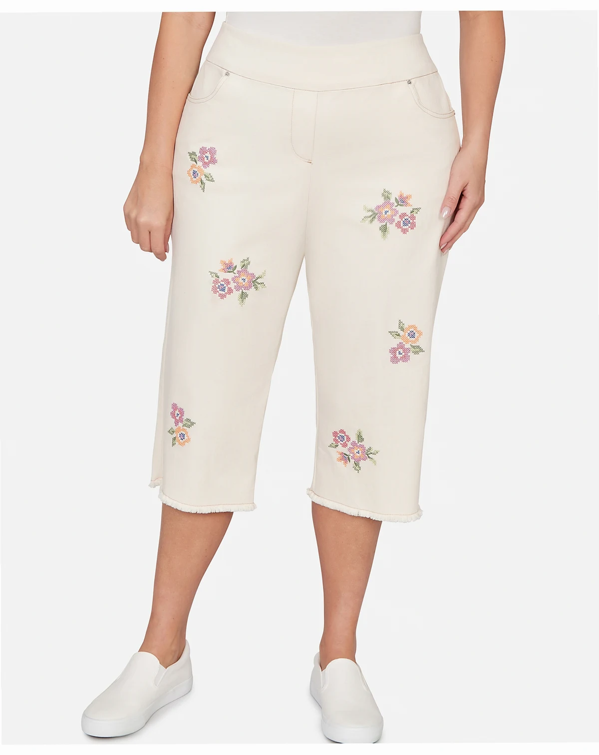 Plus Size Beachcomber Floral Cross Stitch Super Stretch Denim Capri Pants