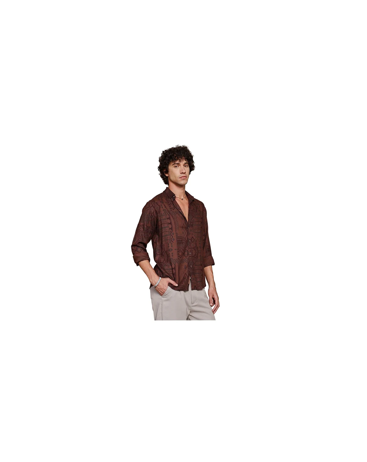 Men's Russet Brown Aztec-Imprint Shirt