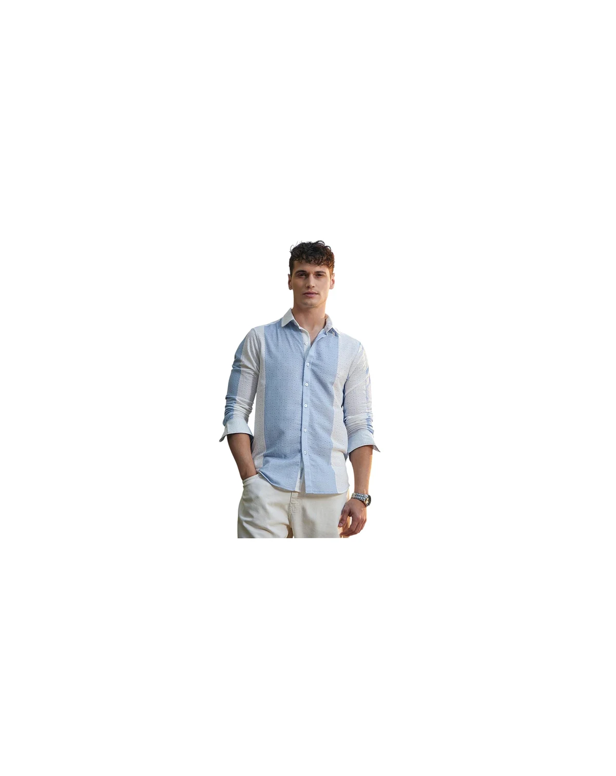 Men's Powder Blue & Daisy White Panel-Tactile Shirt
