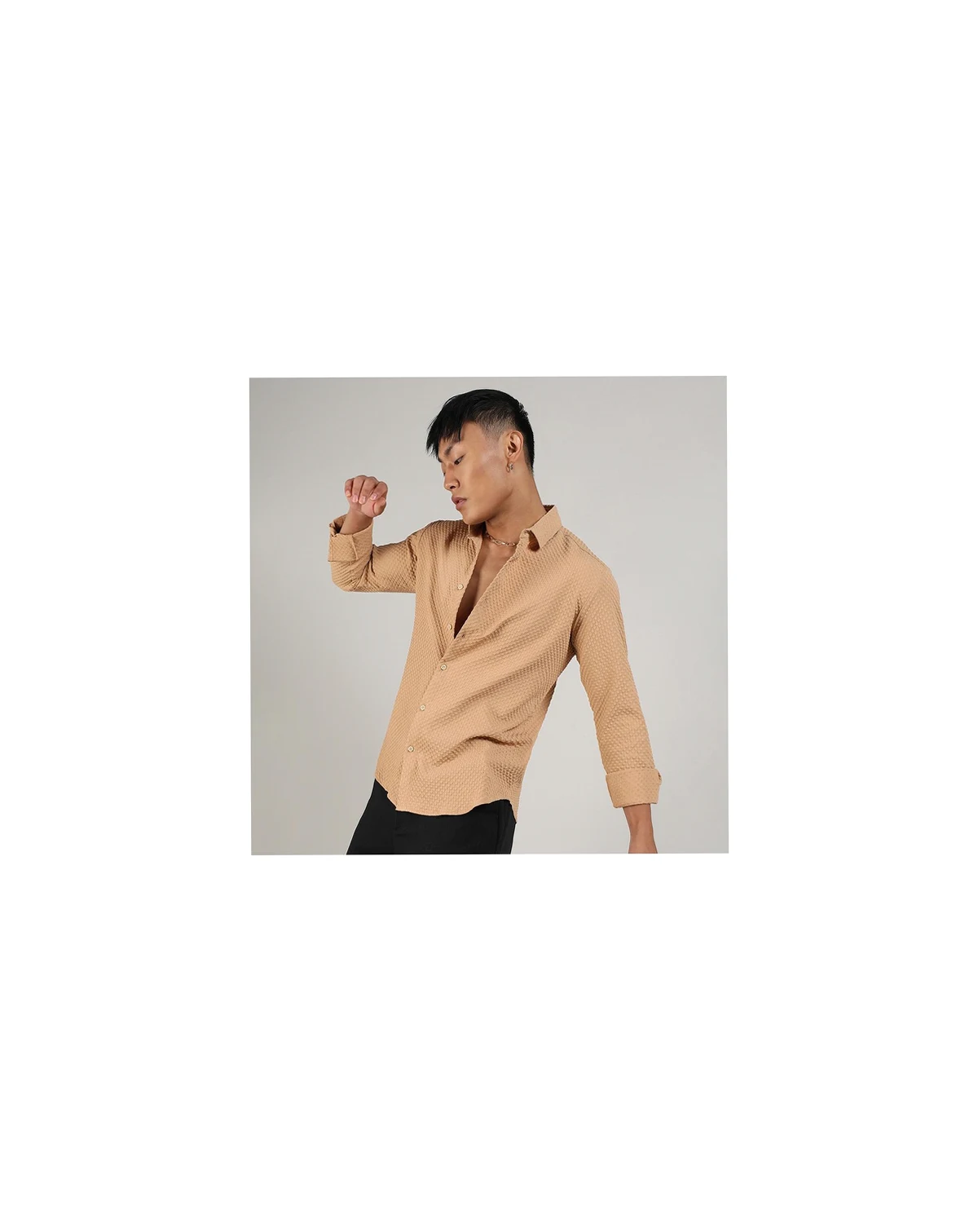 Men's Beige Textured Micro Buffalo Check Shirt