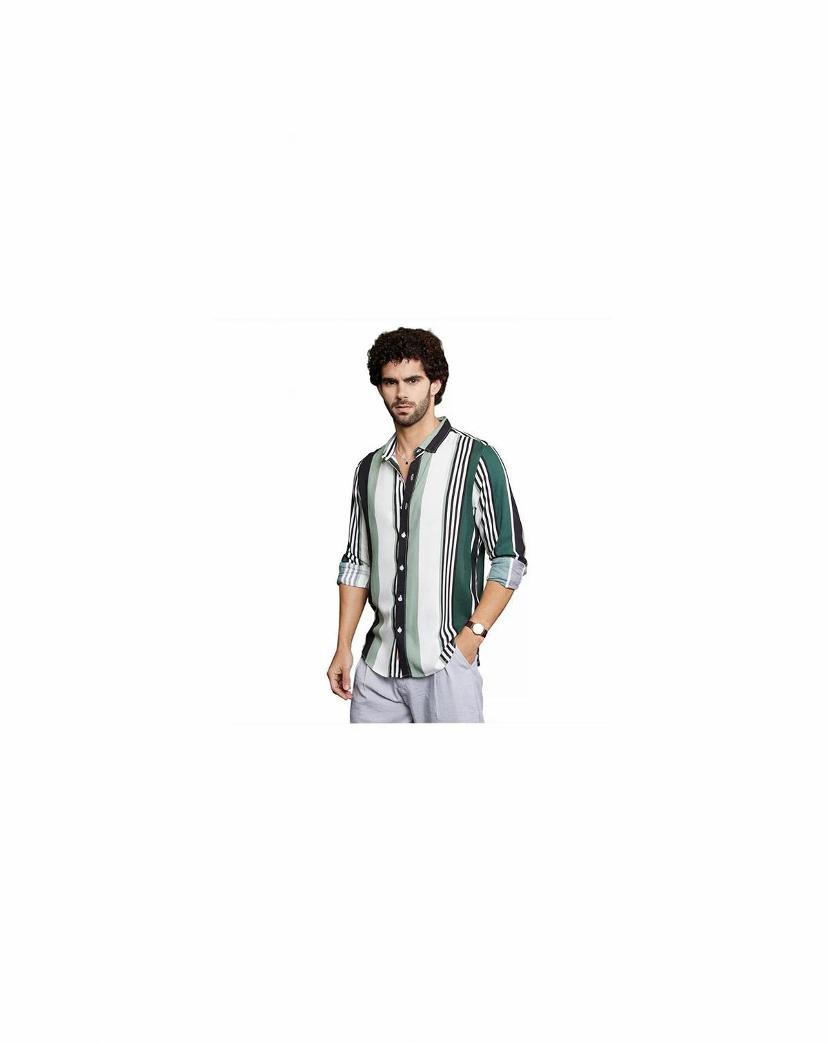 Men's Jungle Green & Cream White Multitrack-Striped Shirt
