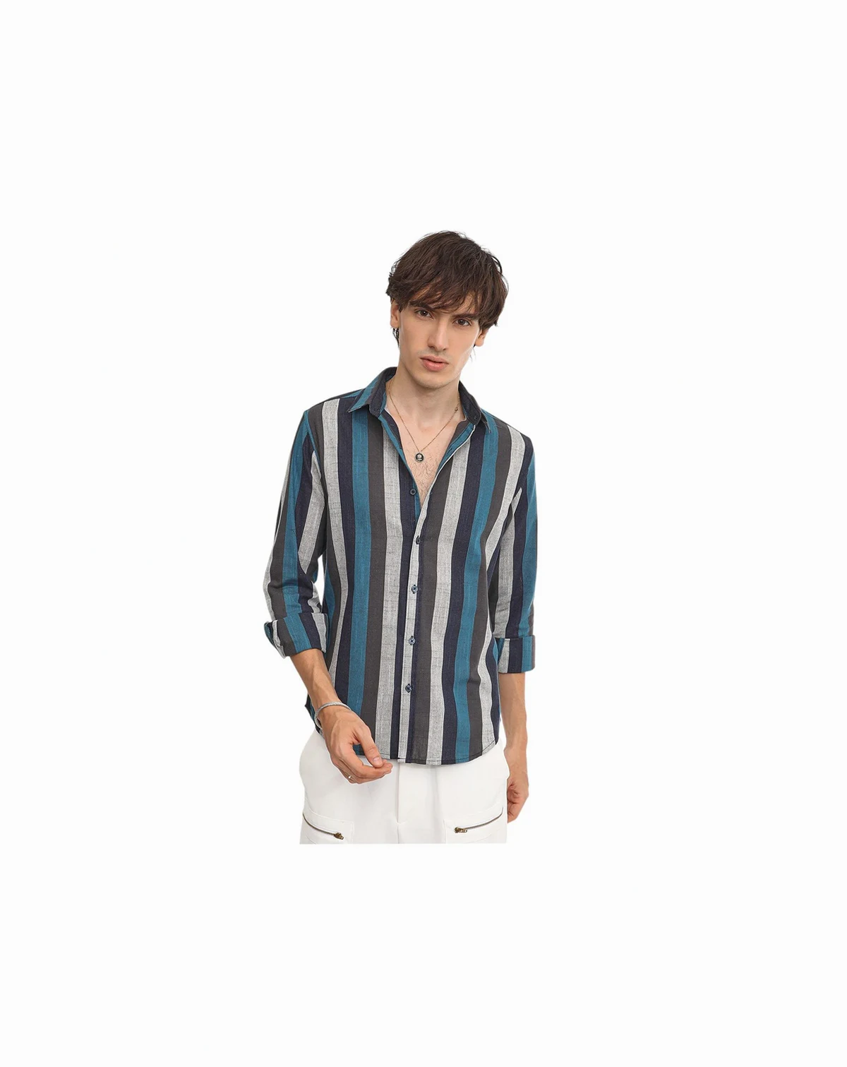 Men's Navy Blue & Ash Grey Block-Striped Shirt