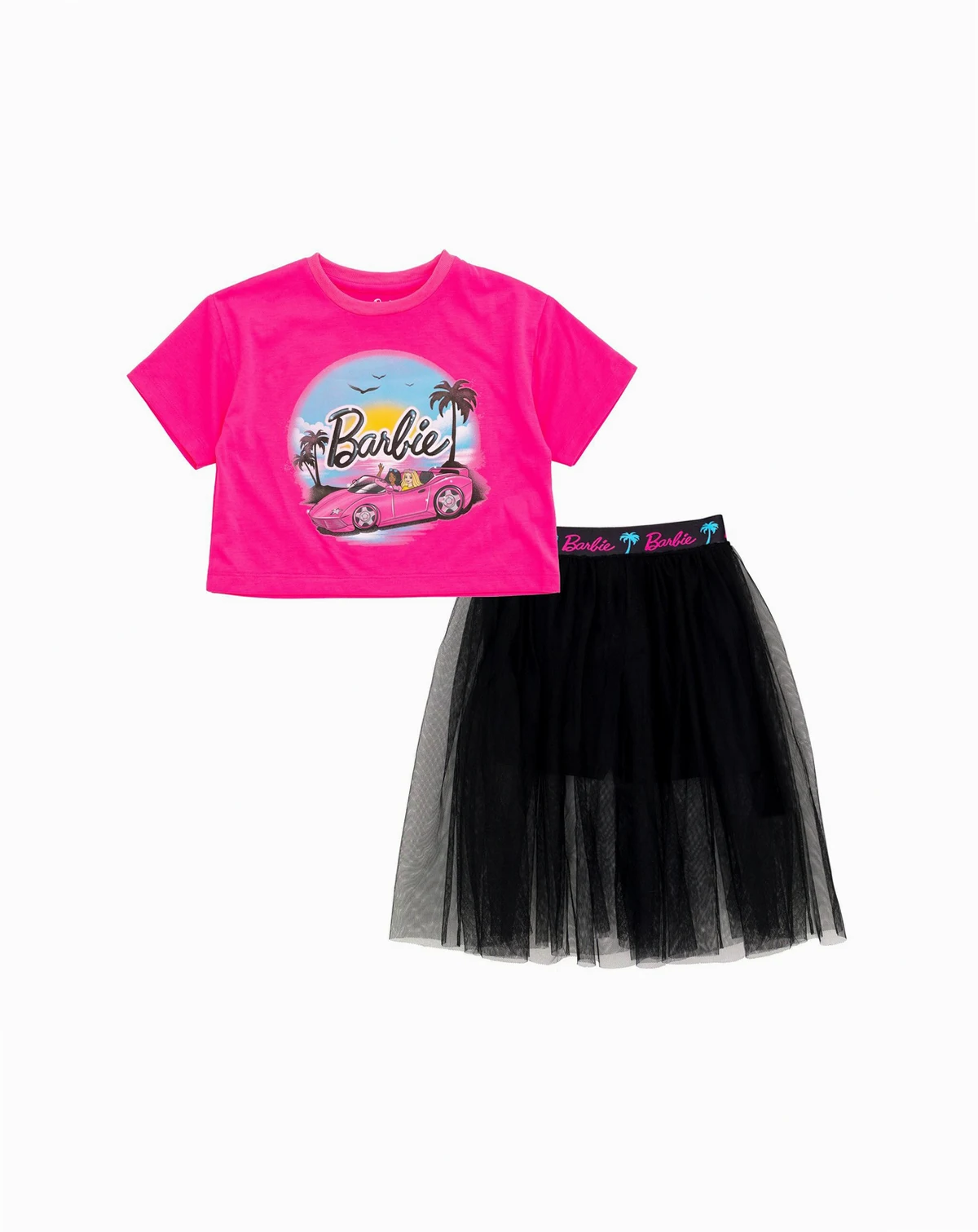 Toddler Girls Cropped Boxy Drop Shoulder T-Shirt and Mesh Tulle Skort