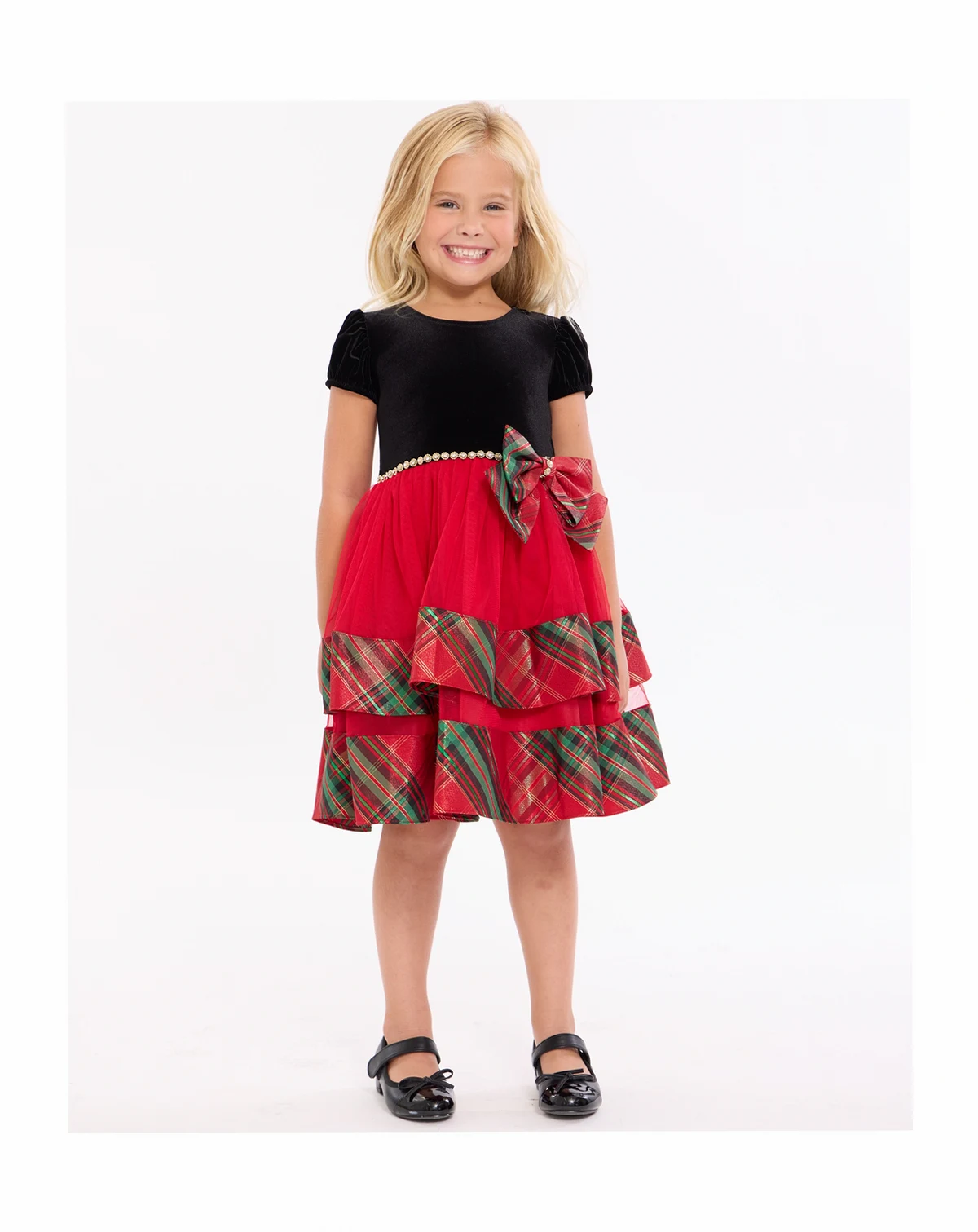Girls 2T-6X Short Sleeve Velvet to Tiered Plaid Dress