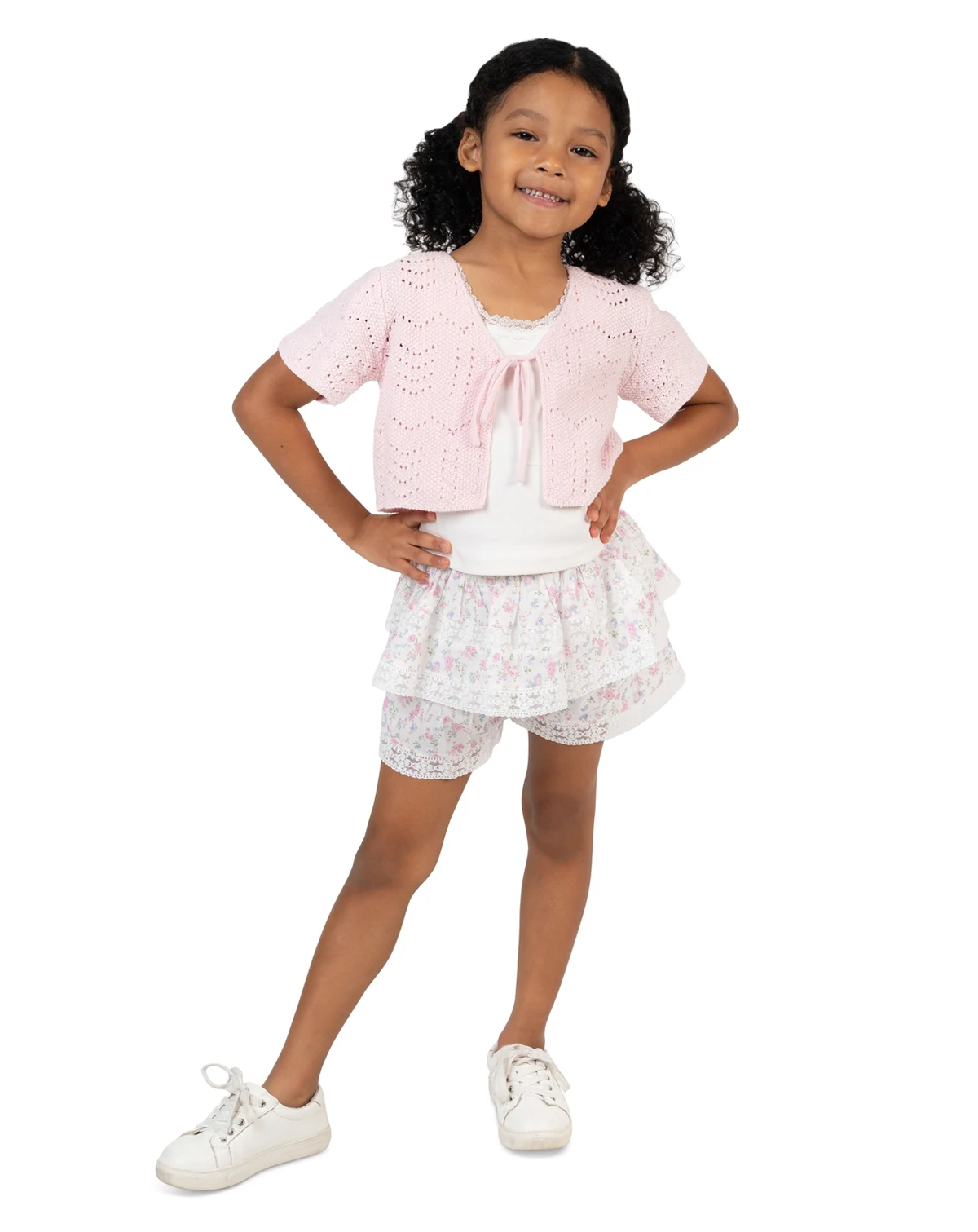 Girls' 2T-6X Crochet Short-Sleeve Cardigan, Cami Top and Skort, 3-Piece Set