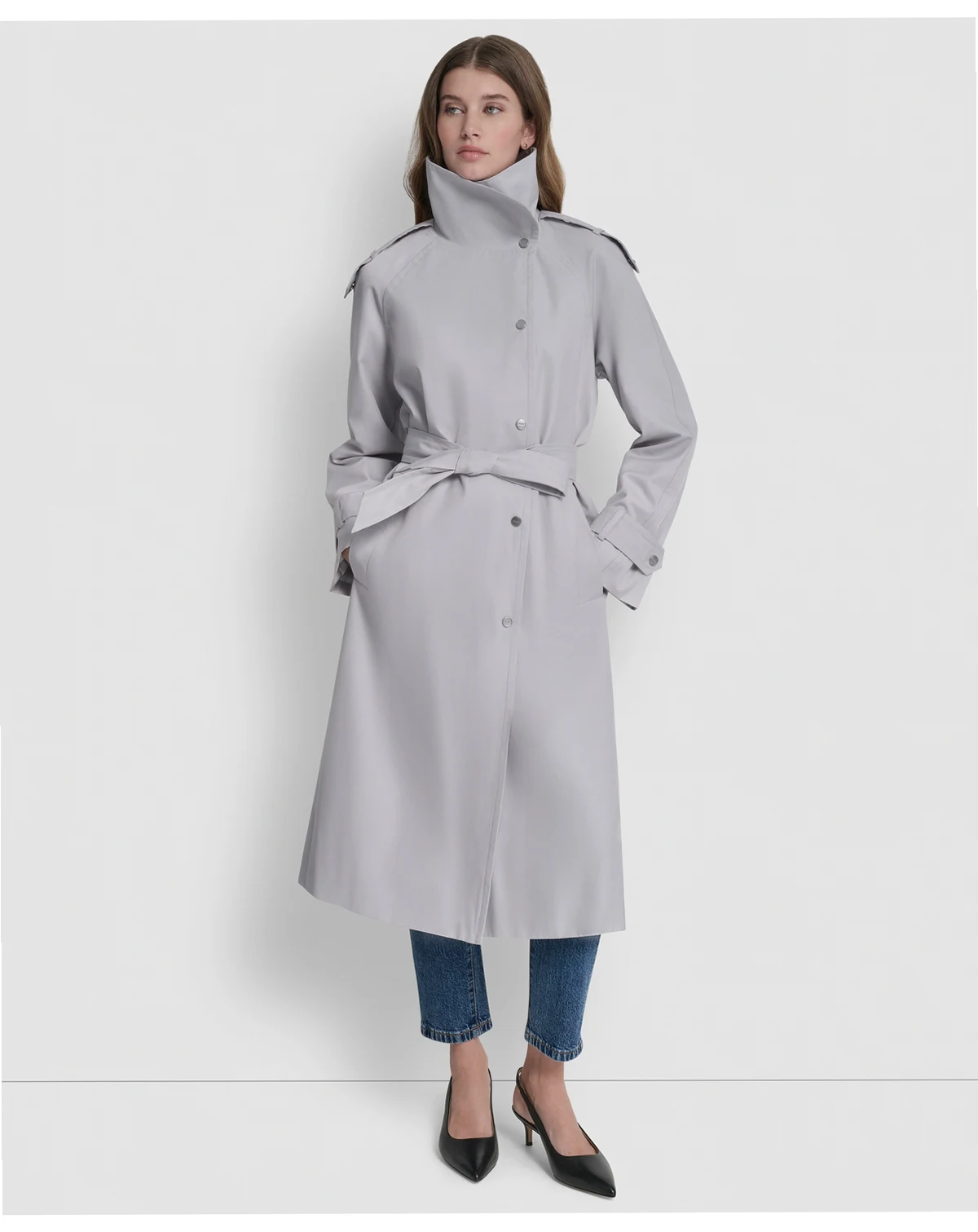 Women's Belted Funnel Collar Long Trench Coat