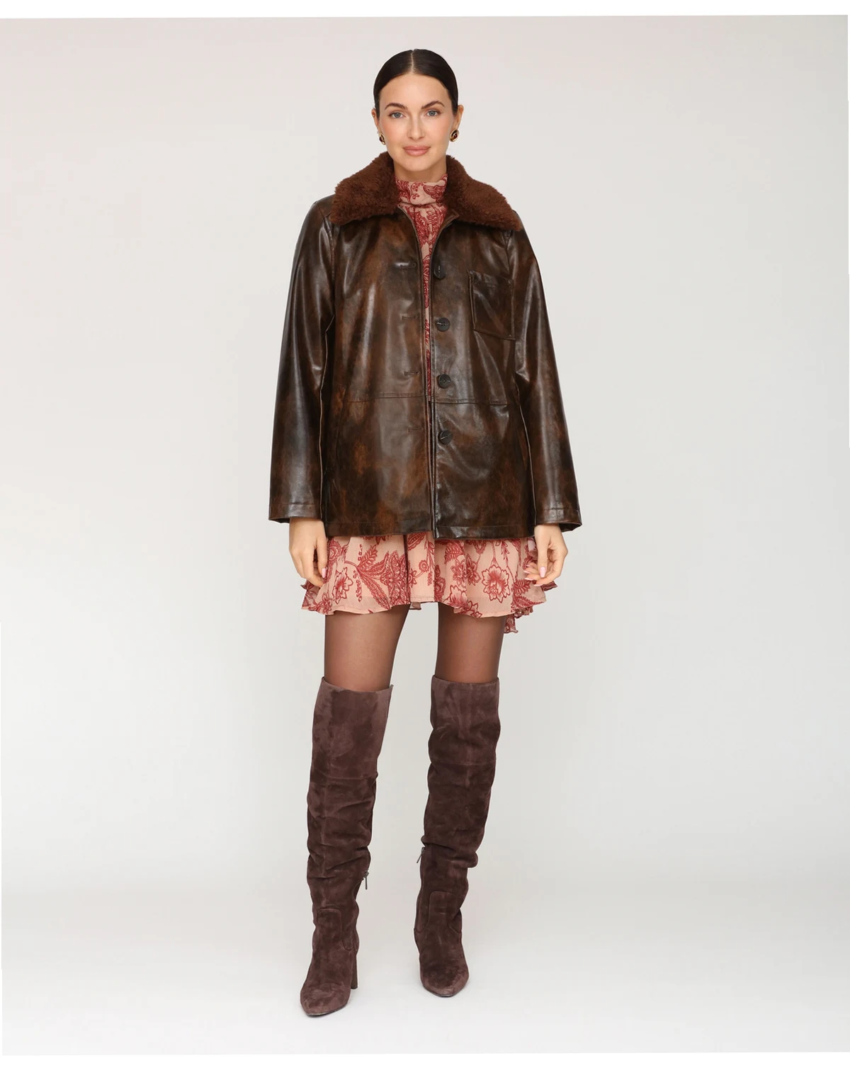 Women's Leather Contrast Collar Coat