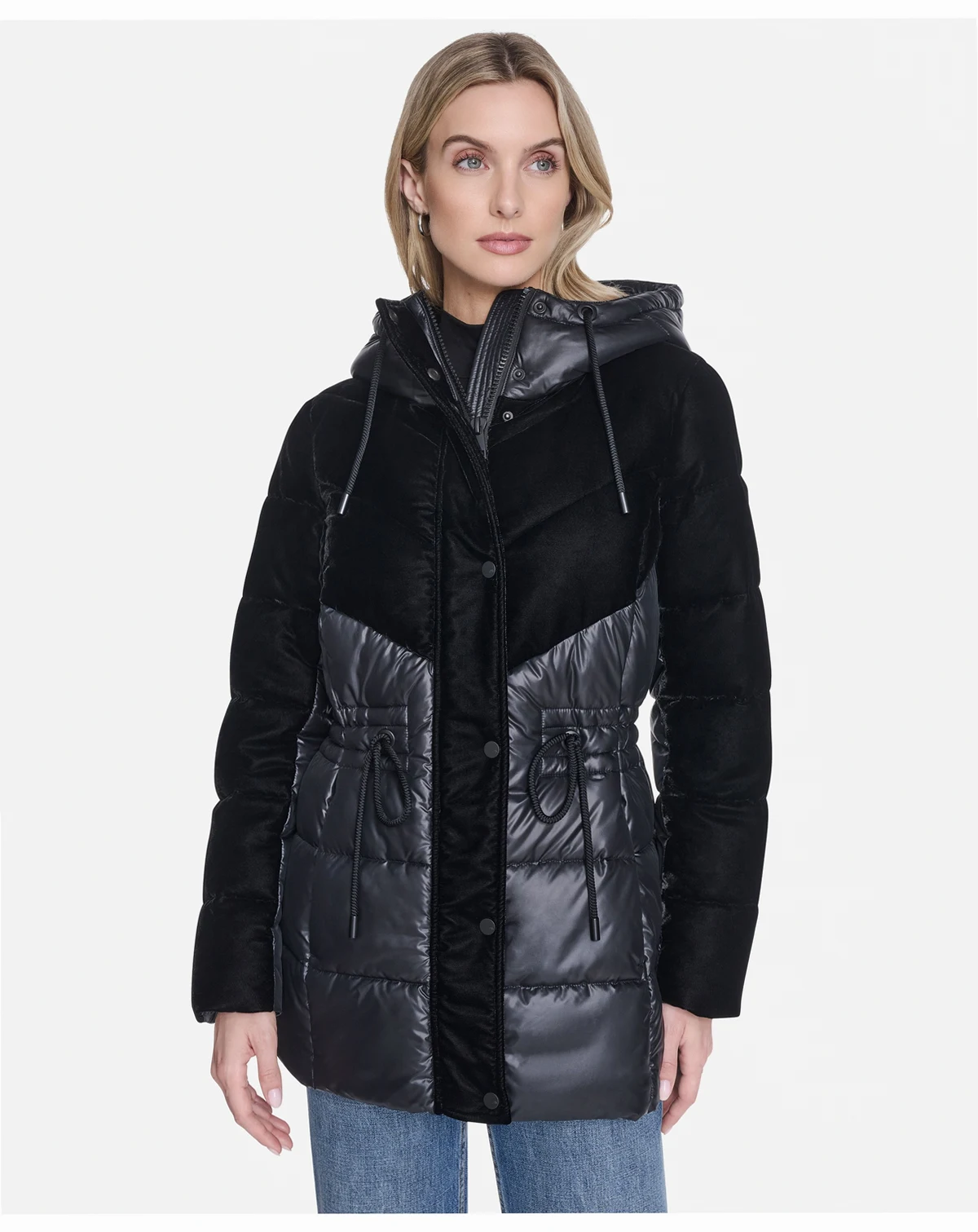 Women's Varna Velvet Mixed Quilted Puffer Jacket Within Attached Hood