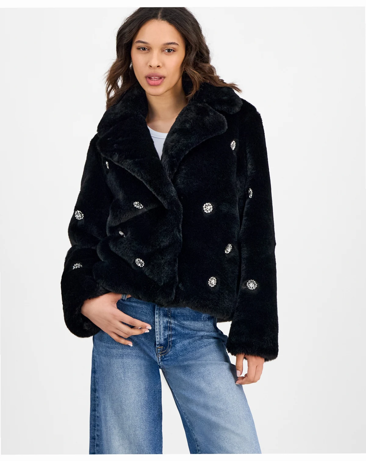 Women's Short Embellished Faux-Fur Coat
