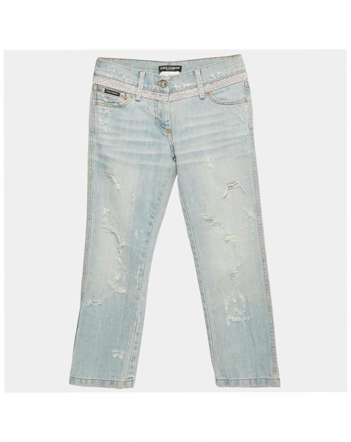 Women's Blue Distressed Denim Rhinestone Detail Crop Jeans
