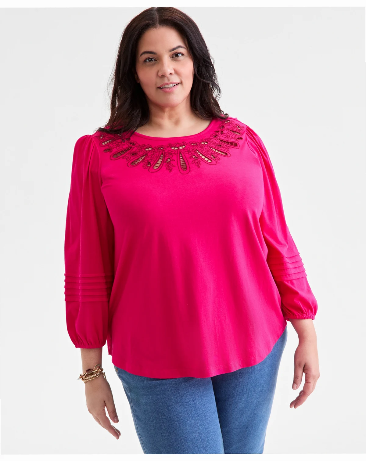 Plus Size Broderie Anglaise 3/4-Sleeve Top, Macy's Exclusive