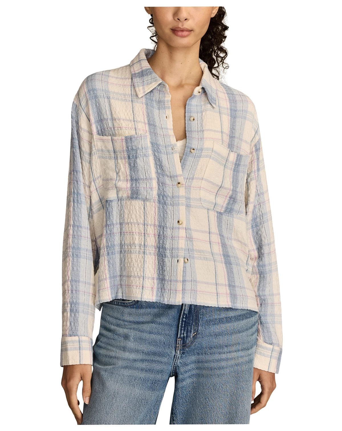 Women's Cropped Plaid Drapey Long-Sleeve Shirt