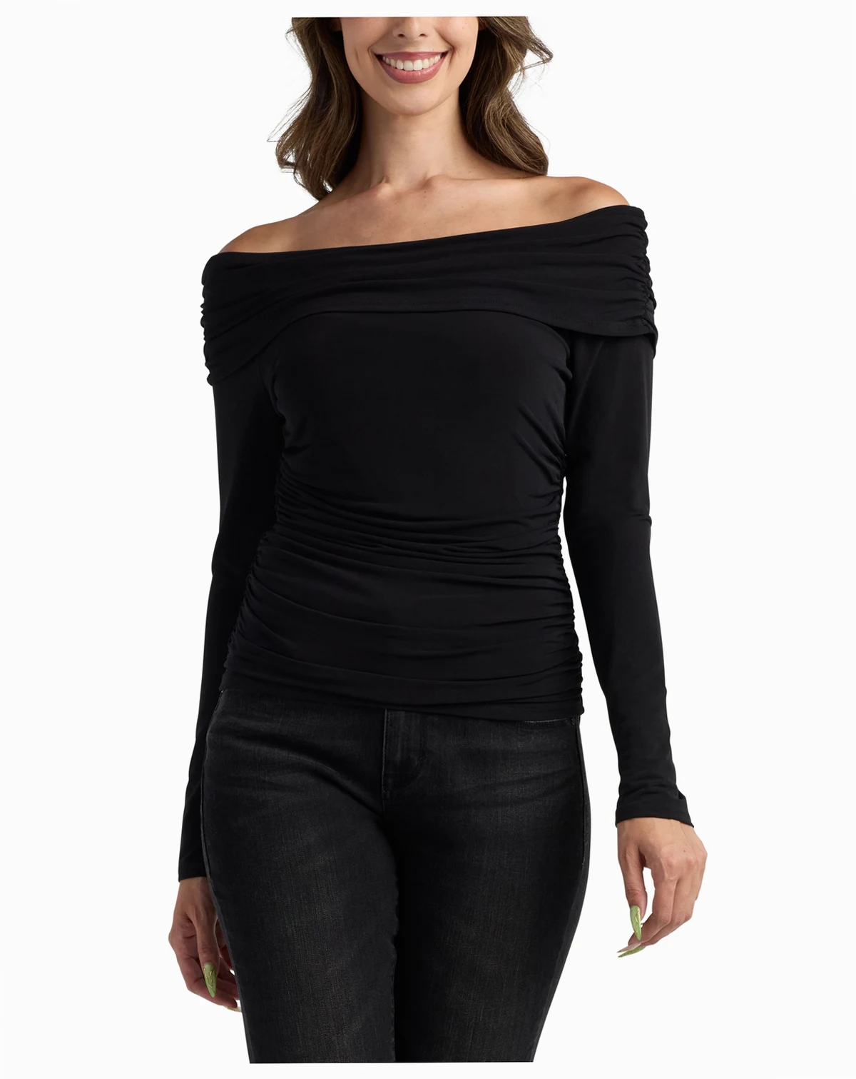 Juniors' Solid Shirred Long-Sleeve Top