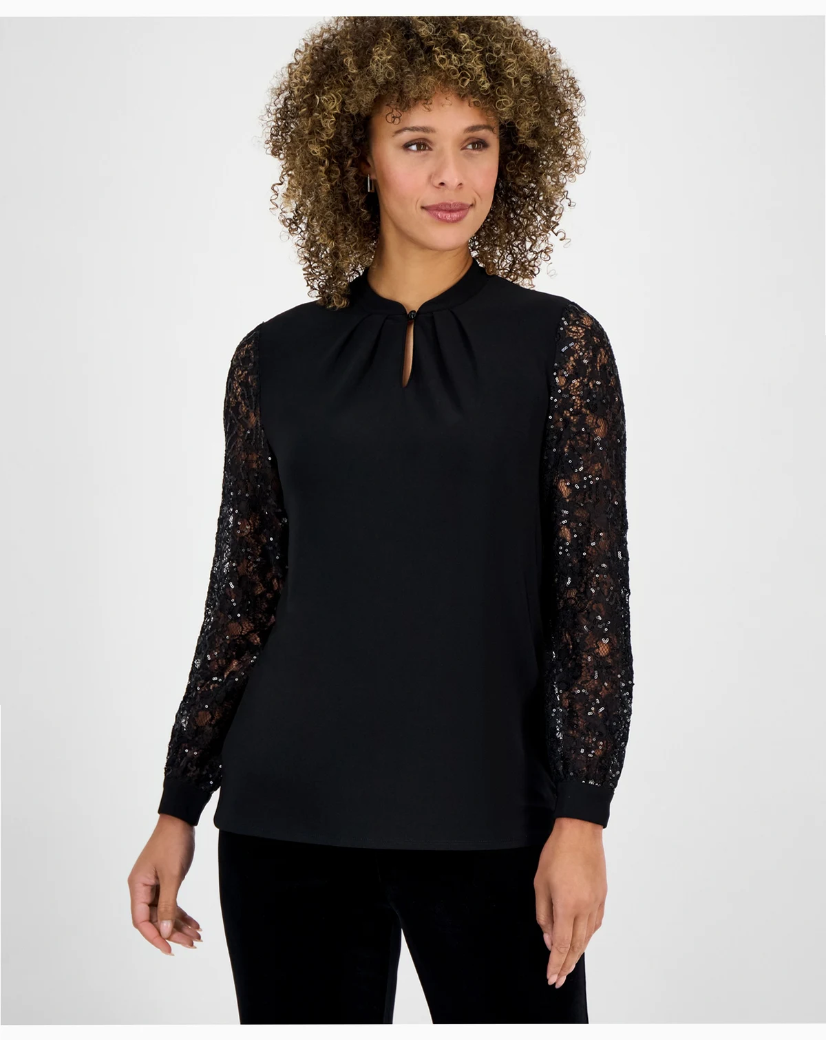 Women's Sequin-Lace-Sleeve Keyhole-Neck Top