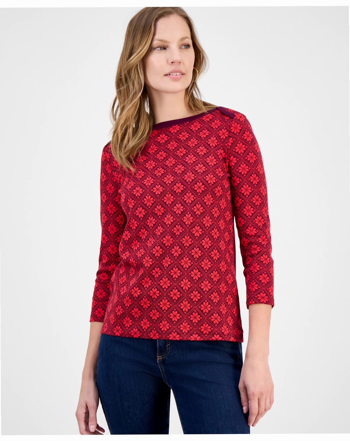 Petite Holiday Floral 3/4-Sleeves Top, Macy's Exclusive