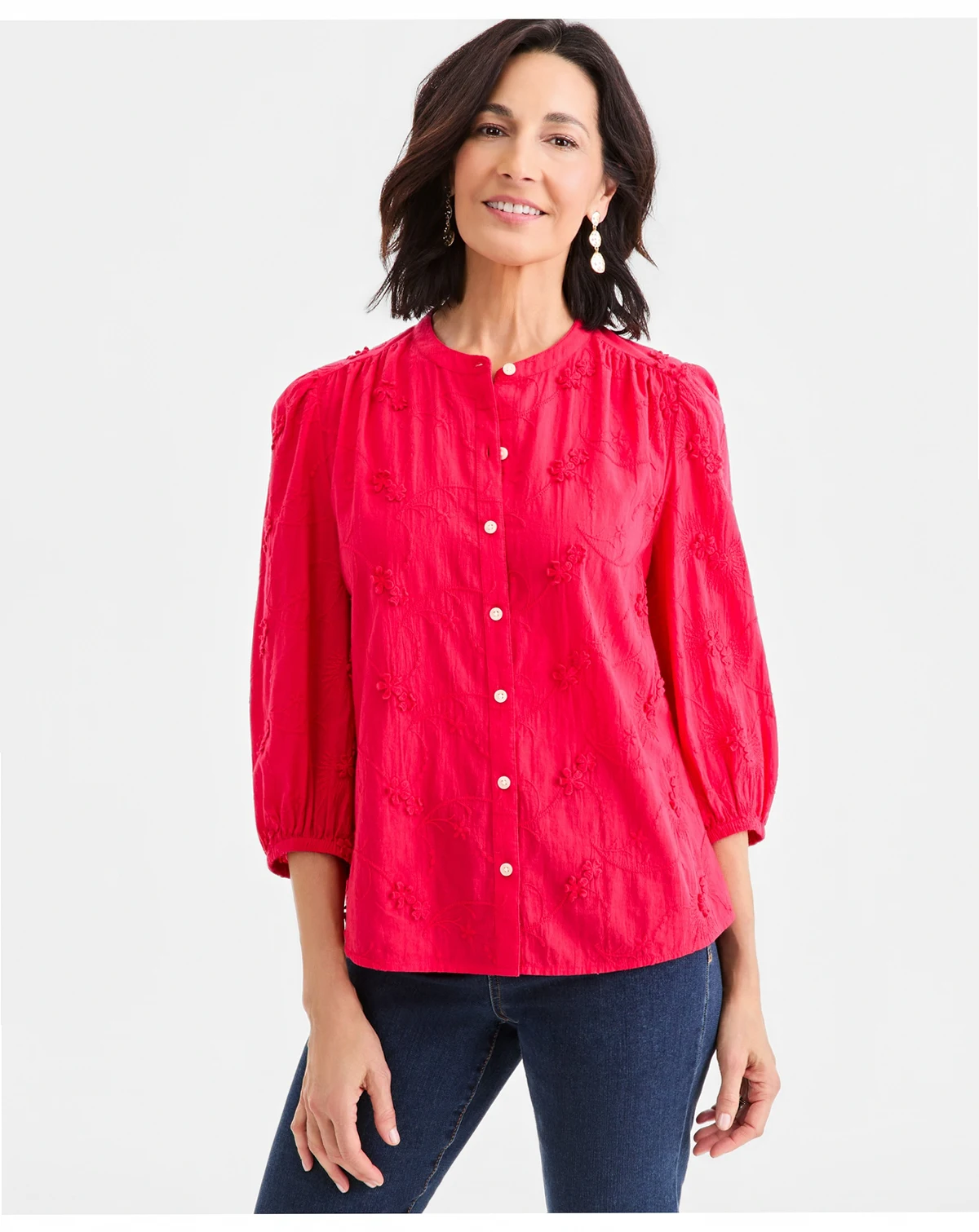 Petite Crewneck Embroidered Detail Top, Macy's Exclusive