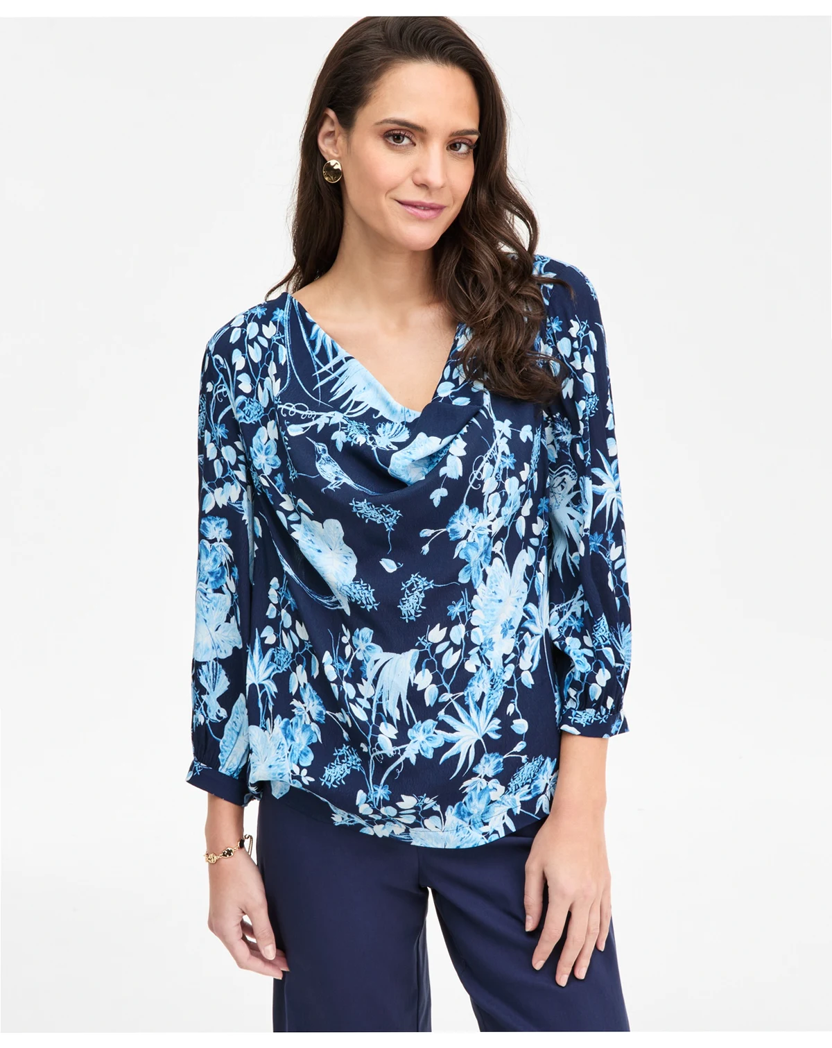 Women's Printed Cowl-Neck 3/4-Sleeve Top, Macy's Exclusive
